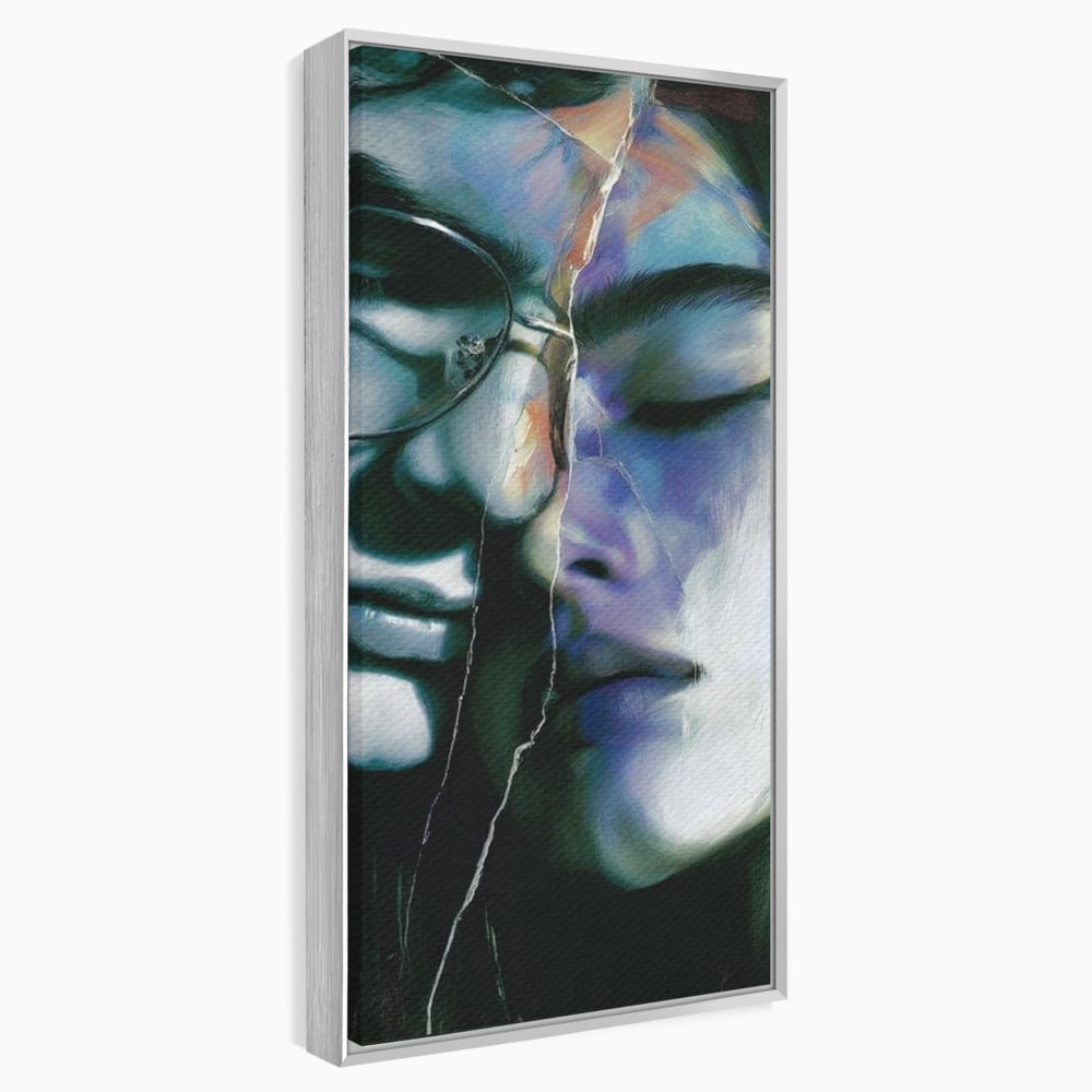 Tablou canvas cu tablou canvas cu chipuri despartite de cioburi, in rama de aluminiu argintiu