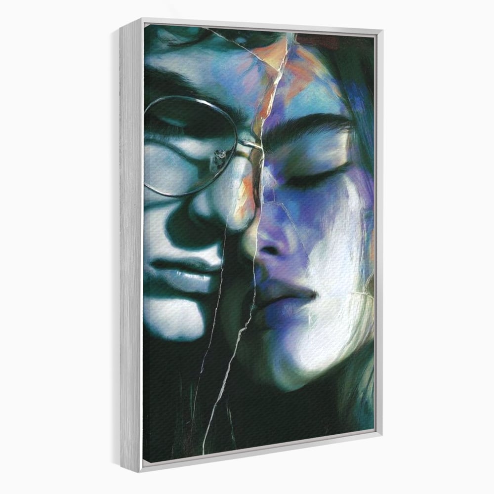 Tablou canvas cu tablou canvas cu chipuri despartite de cioburi, in rama de aluminiu argintiu