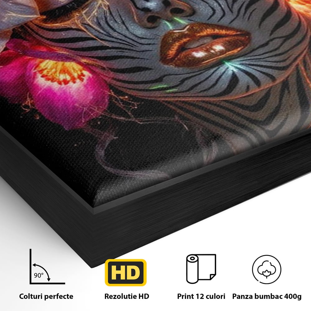 Detaliu al suprafetei: tablou canvas cu femeie si flori neon, in rama de aluminiu negru