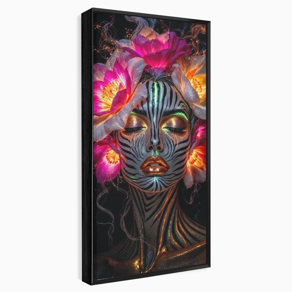 Tablou canvas cu tablou canvas cu femeie si flori neon, in rama de aluminiu negru