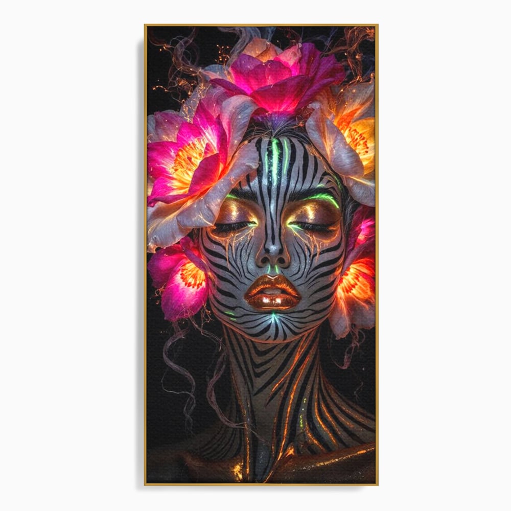 Tablou canvas cu tablou canvas cu femeie si flori neon, in rama de aluminiu auriu