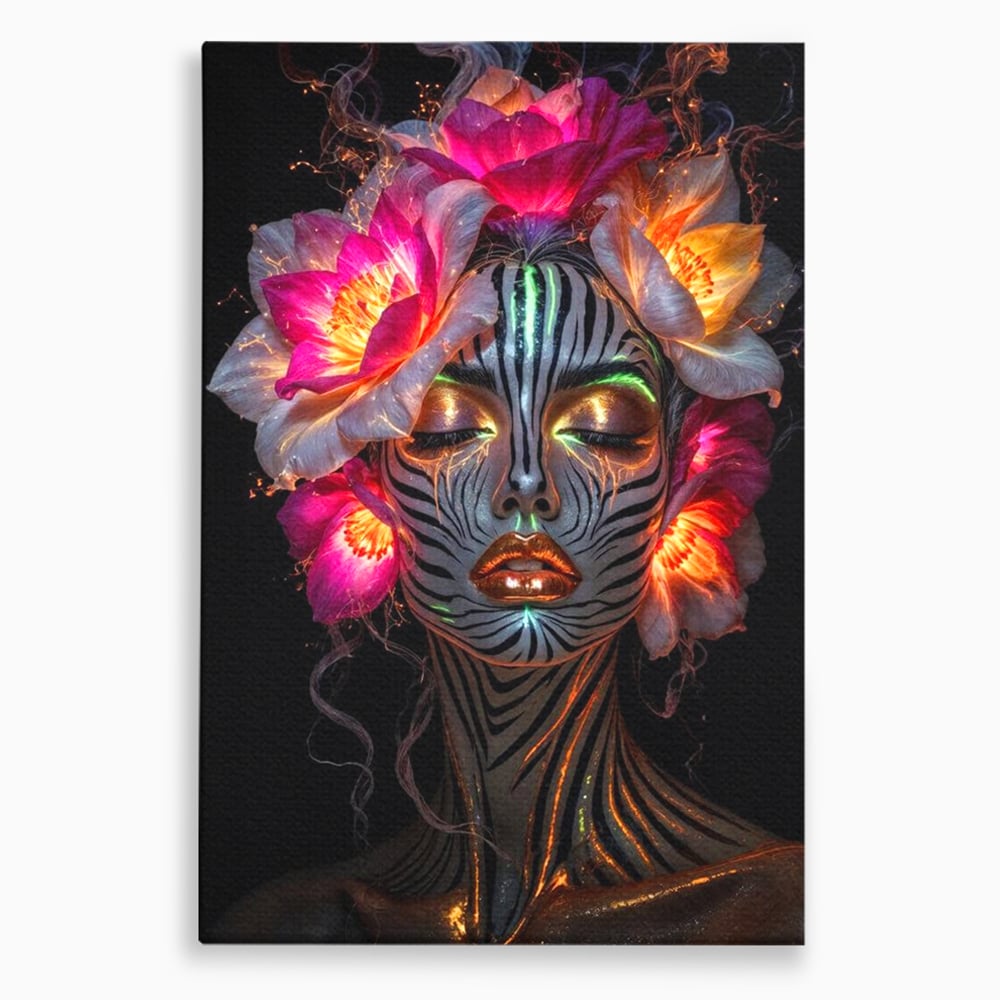 Tablou canvas cu tablou canvas cu femeie si flori neon, fara rama, pe sasiu de lemn