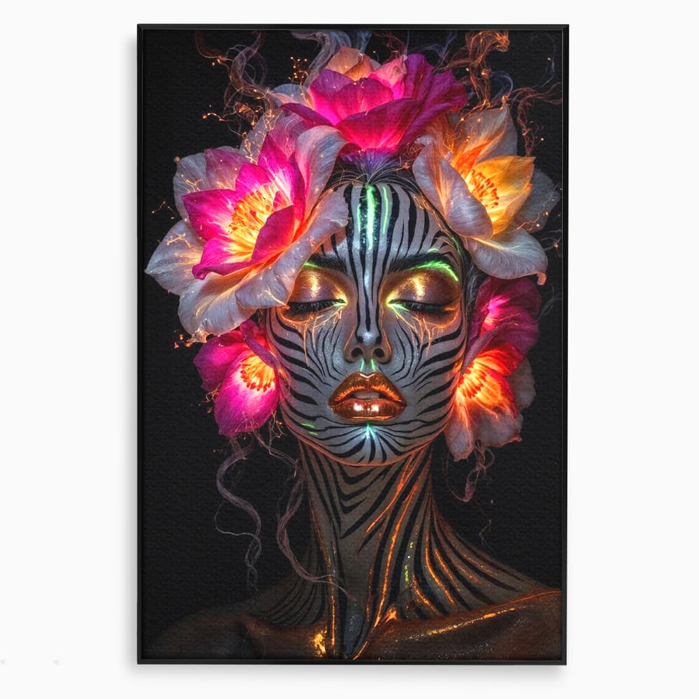Tablou canvas cu tablou canvas cu femeie si flori neon, in rama de aluminiu negru