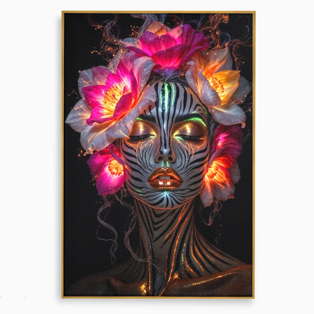 Tablou canvas cu tablou canvas cu femeie si flori neon, in rama de aluminiu auriu