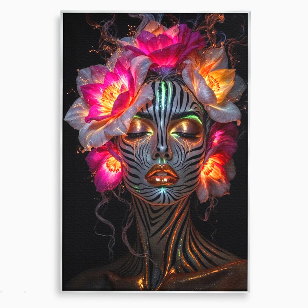 Tablou canvas cu tablou canvas cu femeie si flori neon, in rama de aluminiu argintiu