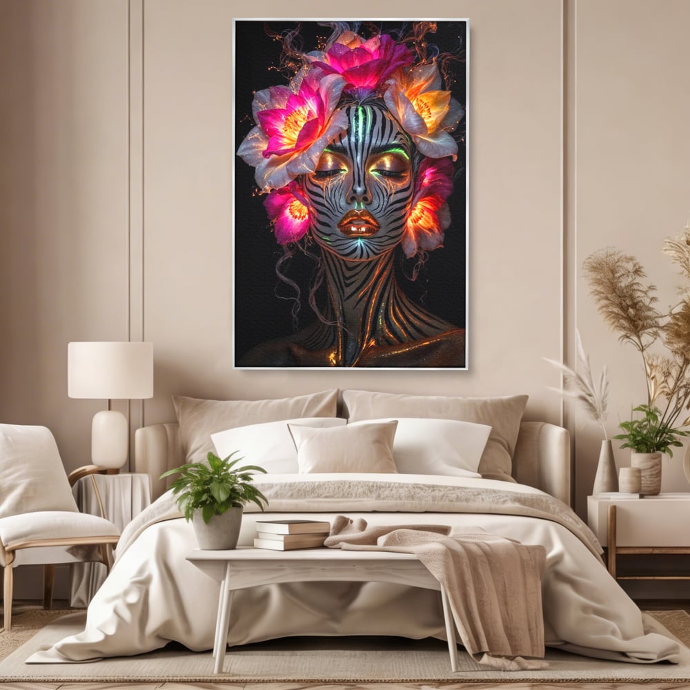 Tablou canvas cu tablou canvas cu femeie si flori neon, in rama de aluminiu argintiu, pe perete intr-un dormitor