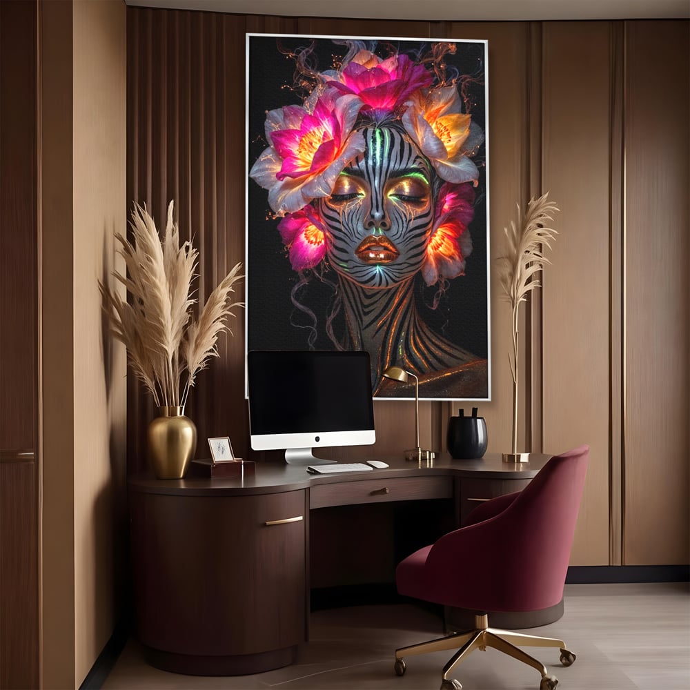 Tablou canvas cu tablou canvas cu femeie si flori neon, in rama de aluminiu argintiu, pe perete intr-un birou
