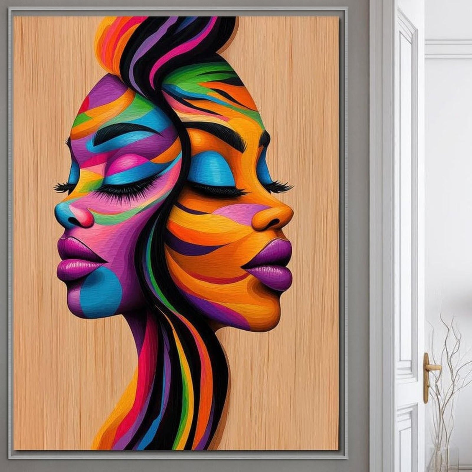 Tablou Canvas Premium, LuxCanva® G1244, Dualitate Feminina, Colorat, Emotie, Energie, Suflete, Intrepatruns, Vibrant, Fete, Femei, Spirit, Abstract, Contrast, Perete, Mov, Salon, Living, Dormitor