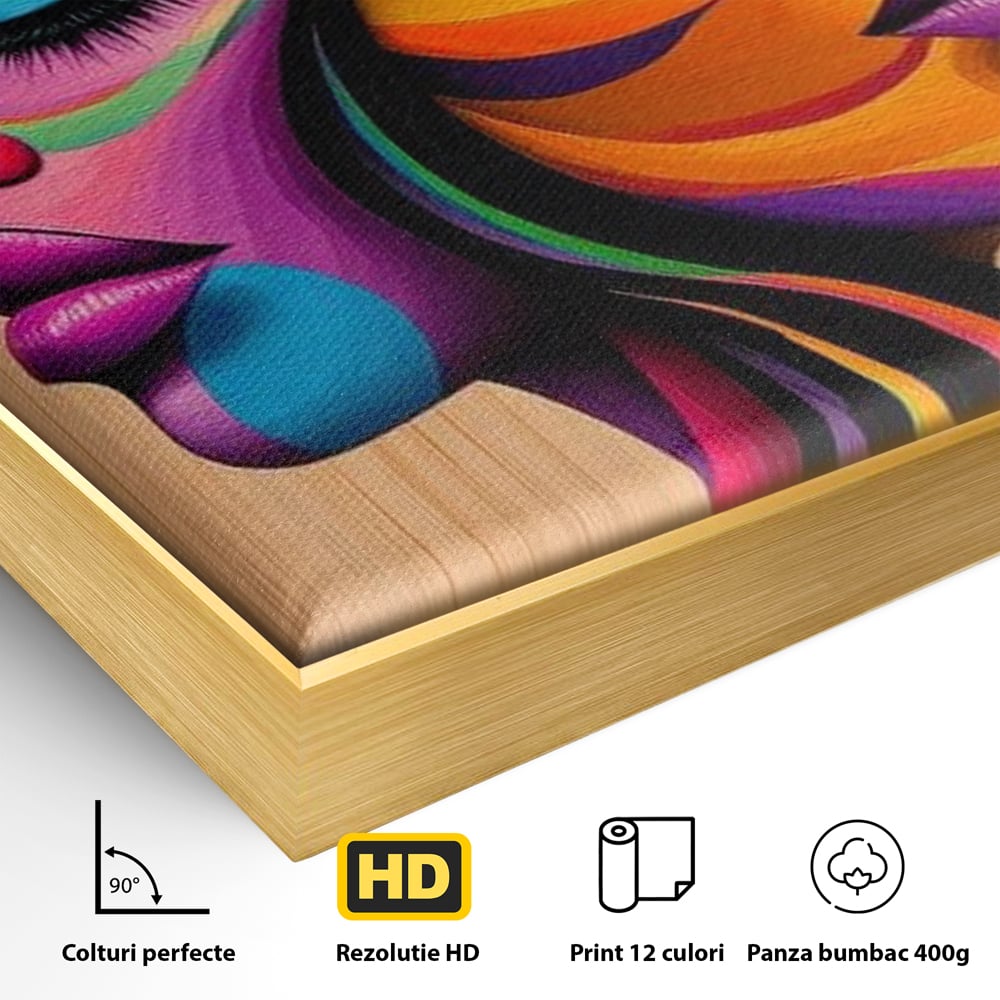 Detaliu al suprafetei: tablou canvas cu doua fete profil, in rama de aluminiu auriu