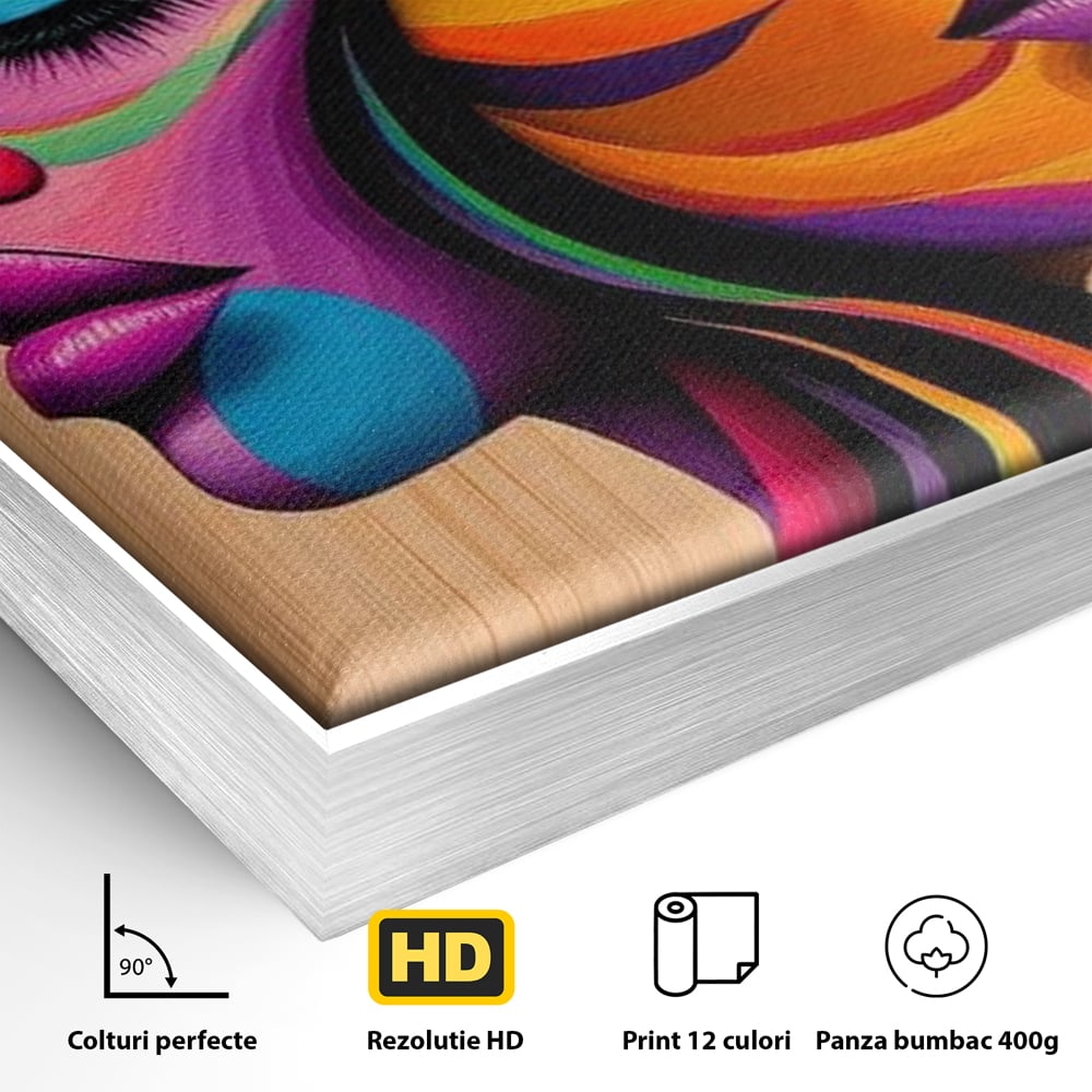 Detaliu al suprafetei: tablou canvas cu doua fete profil, in rama de aluminiu argintiu