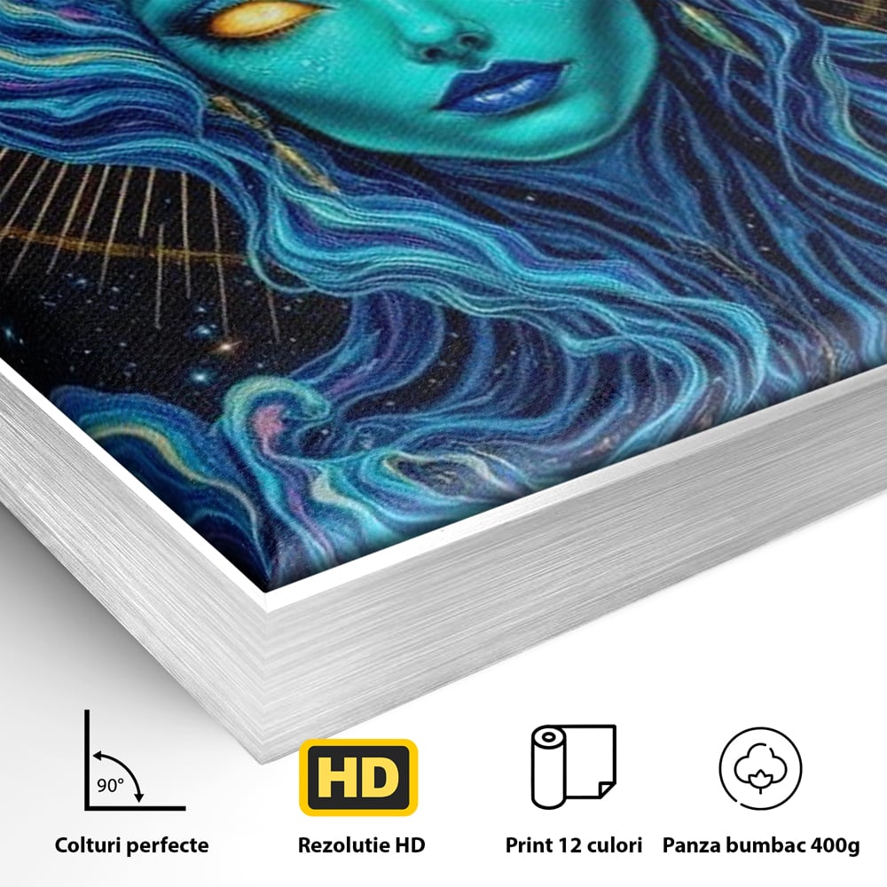 Detaliu al suprafetei: tablou canvas cu zeitate albastra cu coarne, in rama de aluminiu argintiu