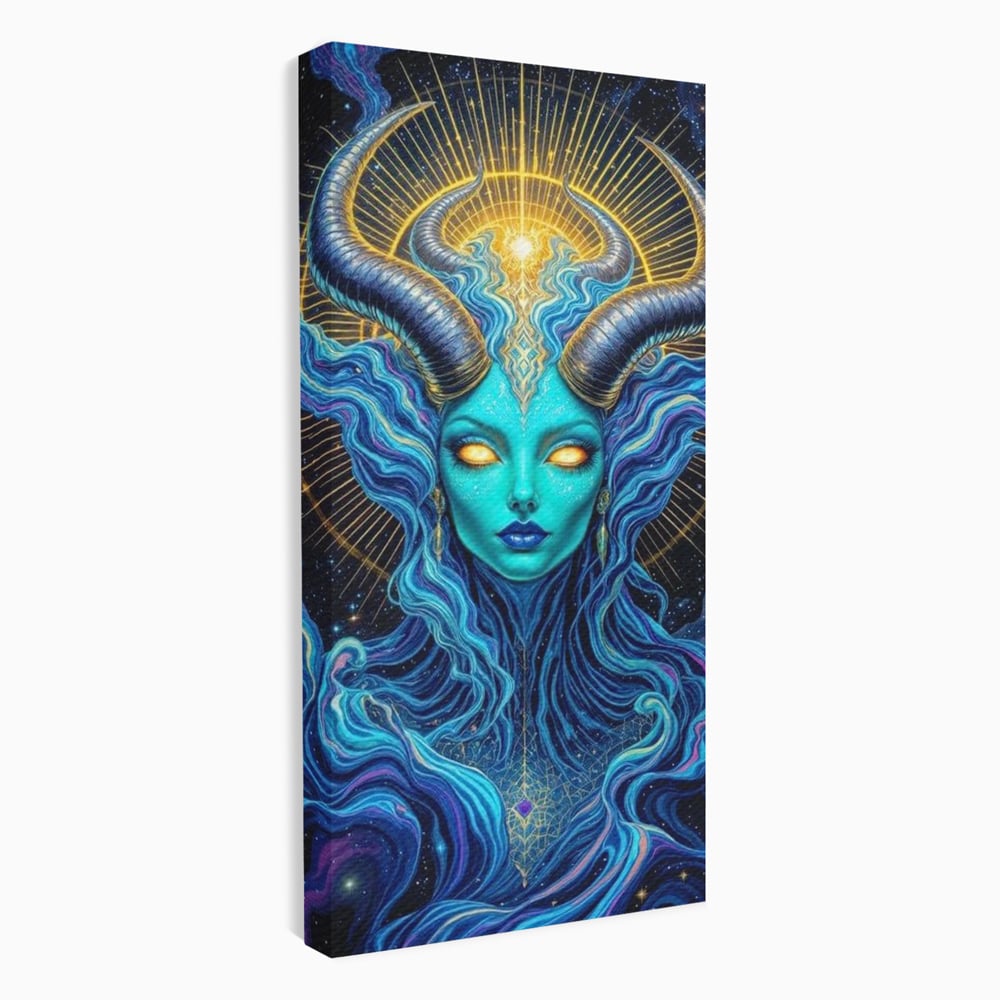 Tablou canvas cu tablou canvas cu zeitate albastra cu coarne, fara rama, pe sasiu de lemn