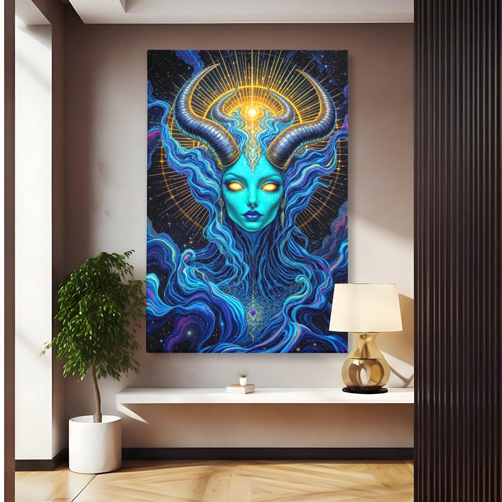 Tablou canvas cu tablou canvas cu zeitate albastra cu coarne, fara rama, pe sasiu de lemn