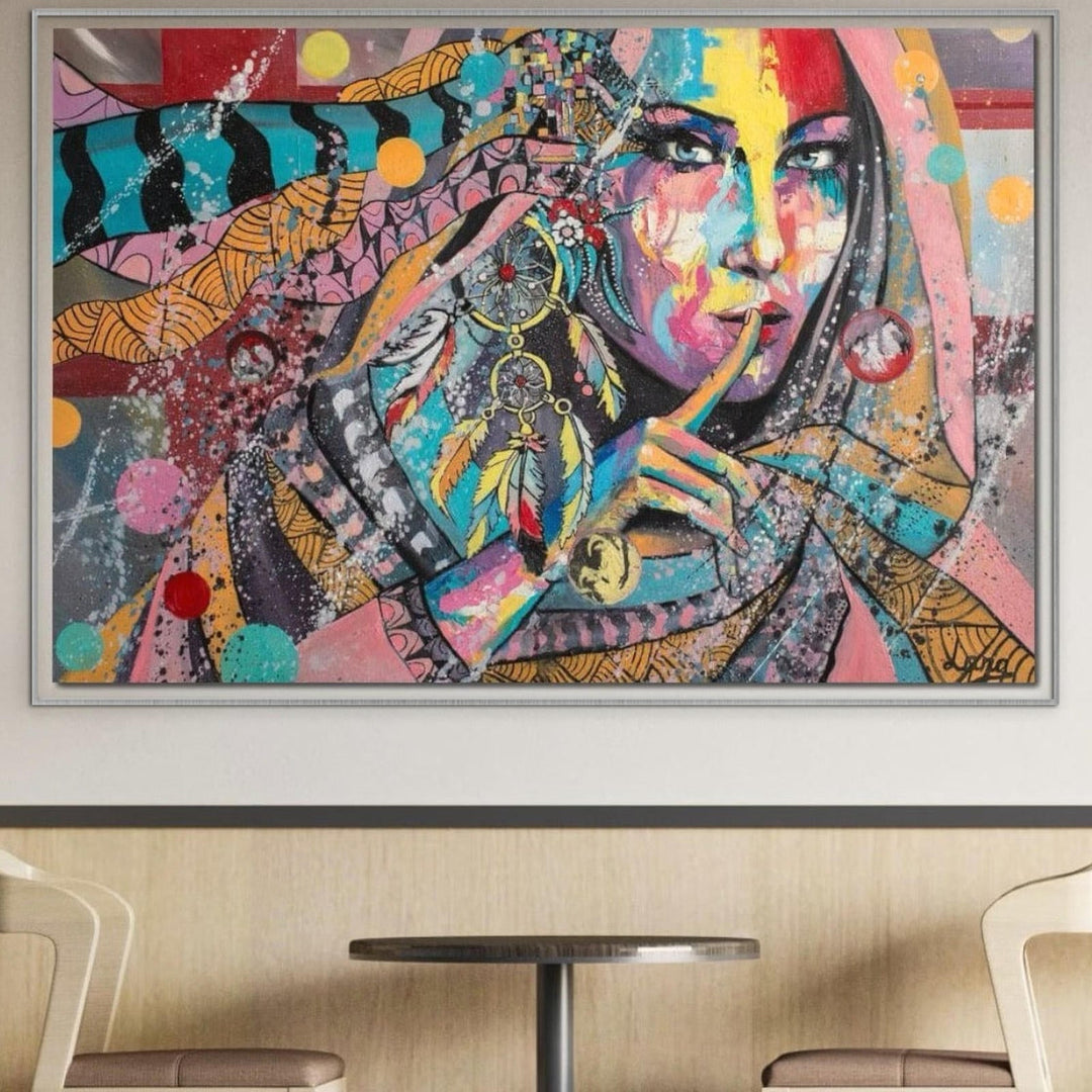 Tablou canvas cu tablou canvas cu chip de femeie si simboluri tribale