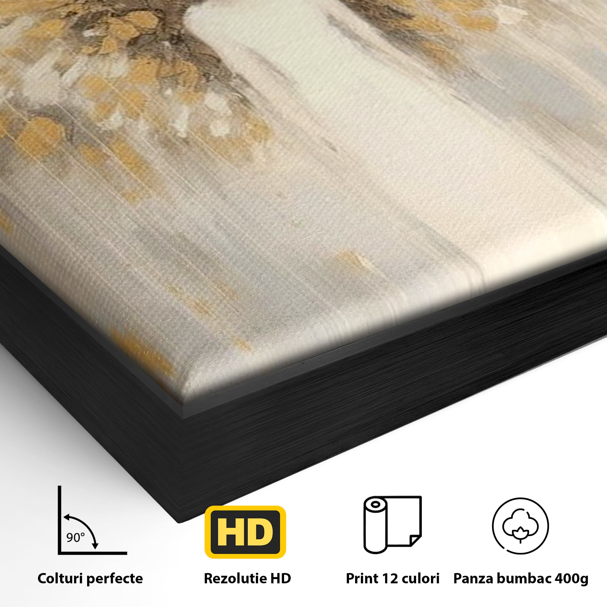 Detaliu al suprafetei: tablou canvas cu inger si aripi aurite, in rama de aluminiu negru