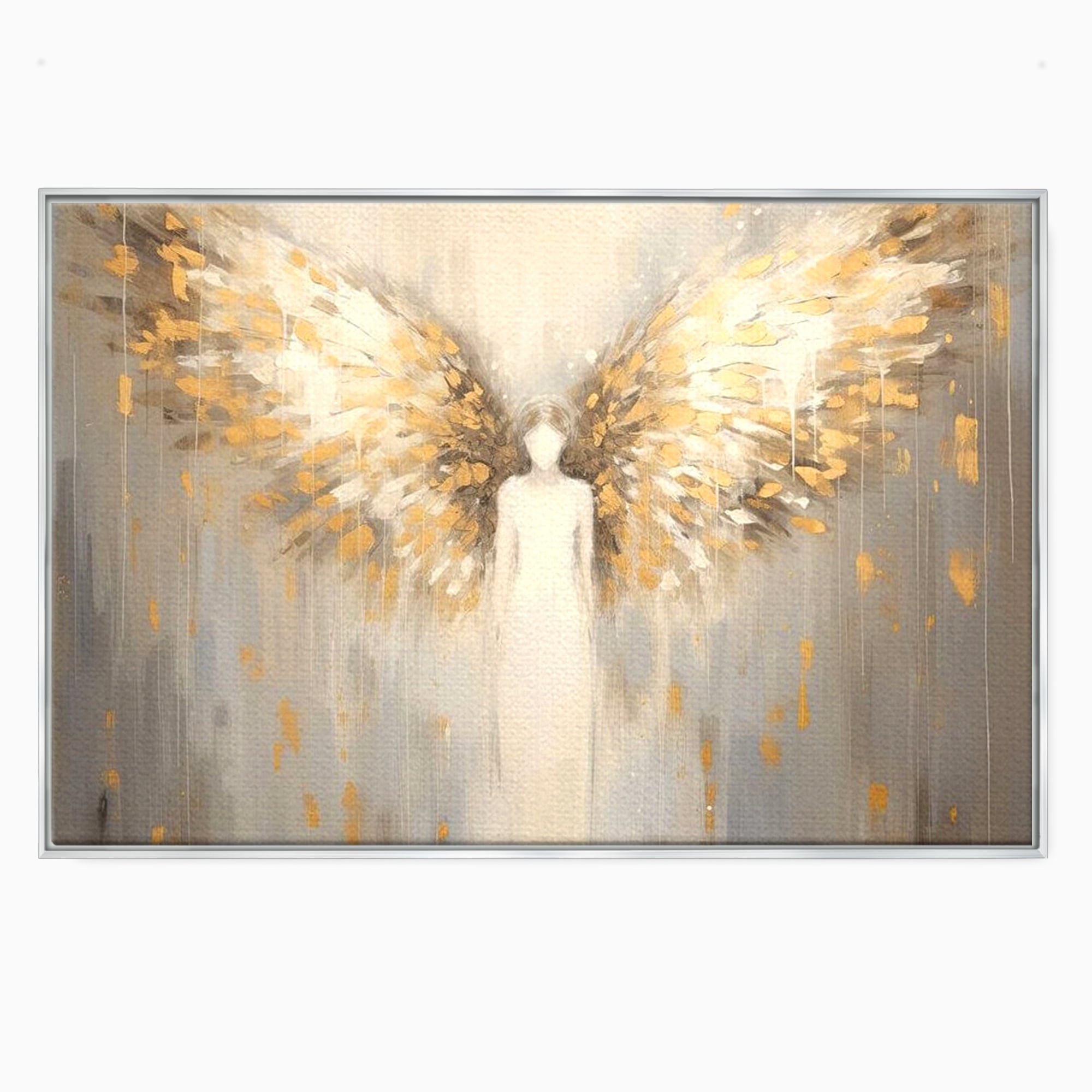 Tablou canvas cu tablou canvas cu inger si aripi aurite, in rama de aluminiu argintiu