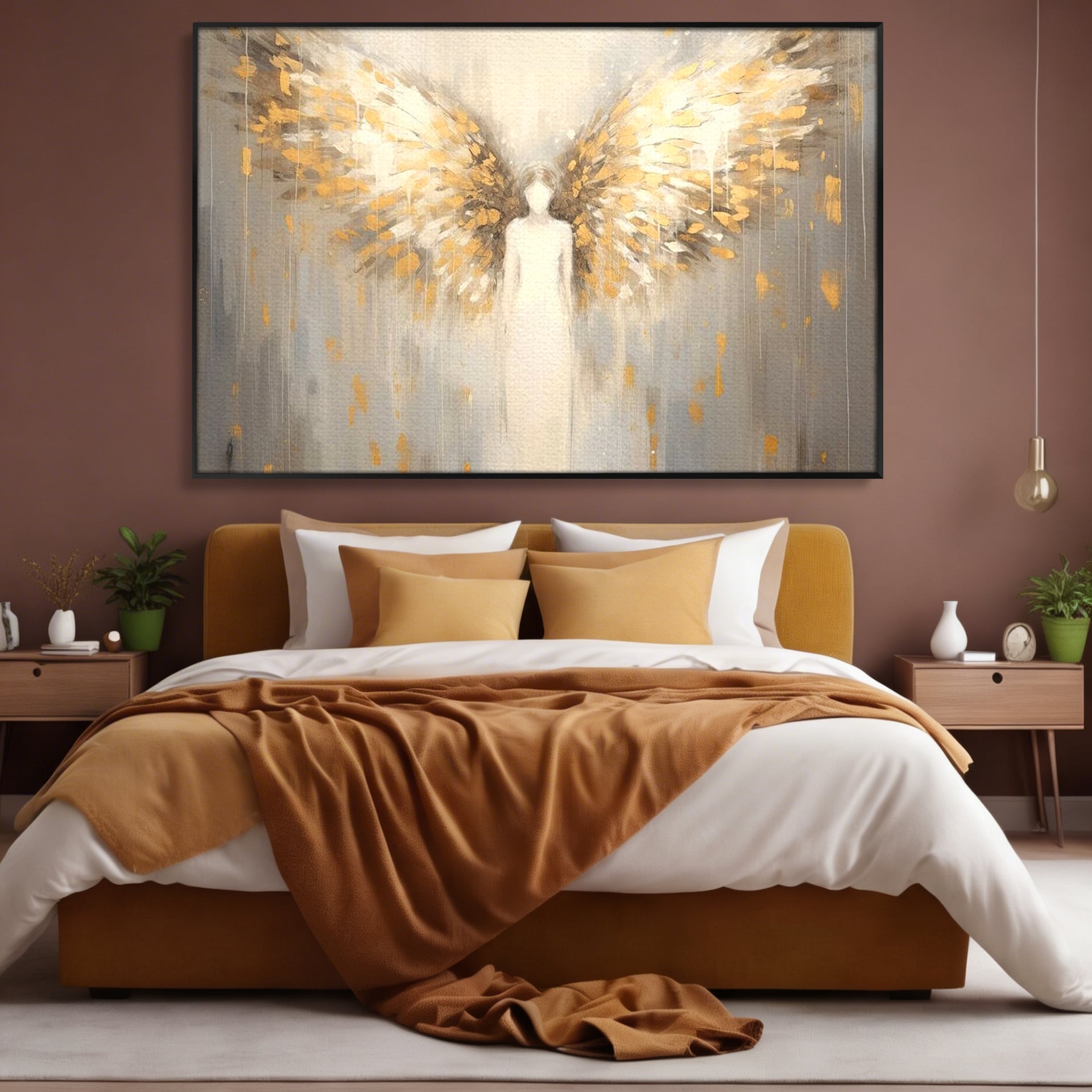 Tablou canvas cu tablou canvas cu inger si aripi aurite, in rama de aluminiu negru, pe perete intr-un dormitor