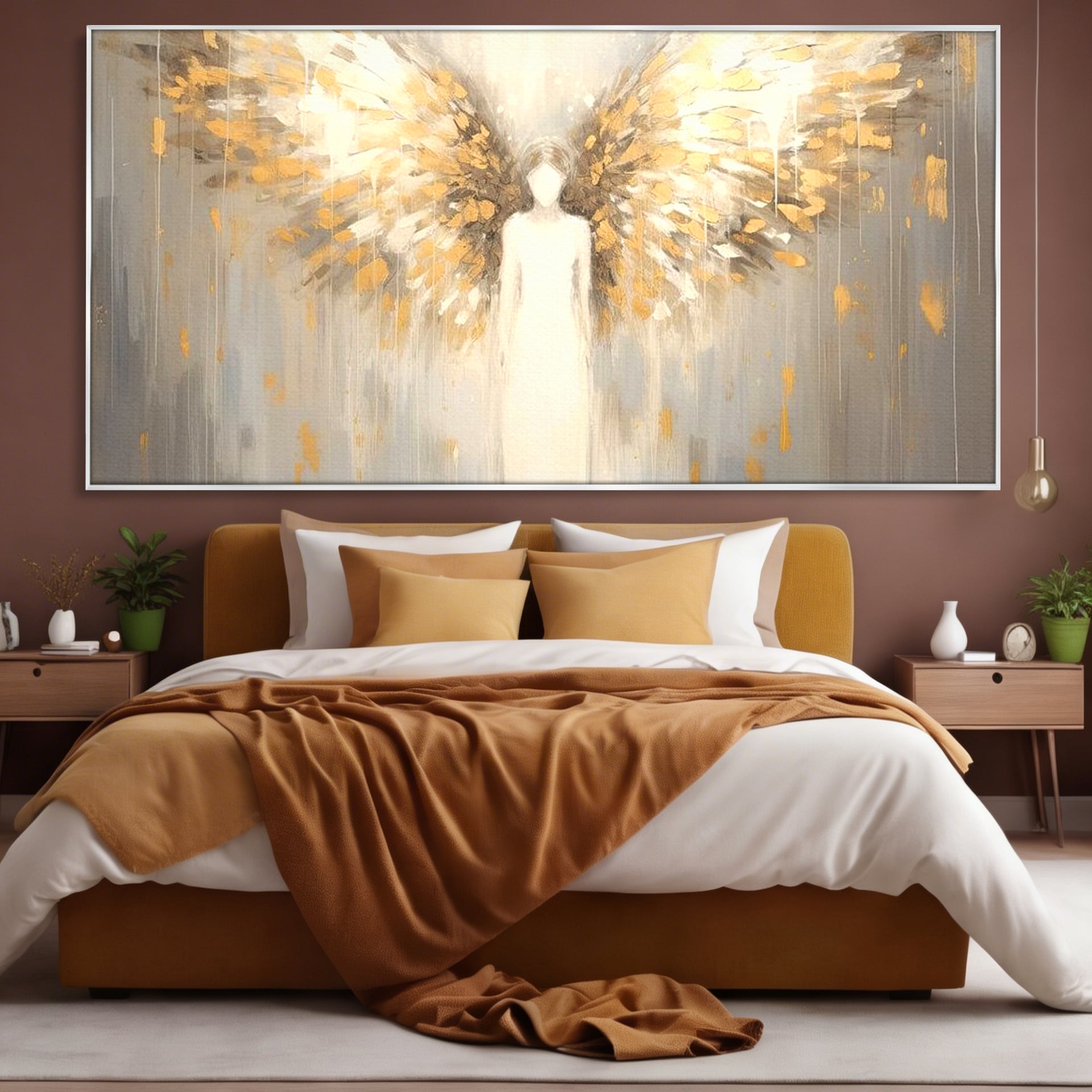 Tablou canvas cu tablou canvas cu inger si aripi aurite, in rama de aluminiu argintiu, pe perete intr-un dormitor