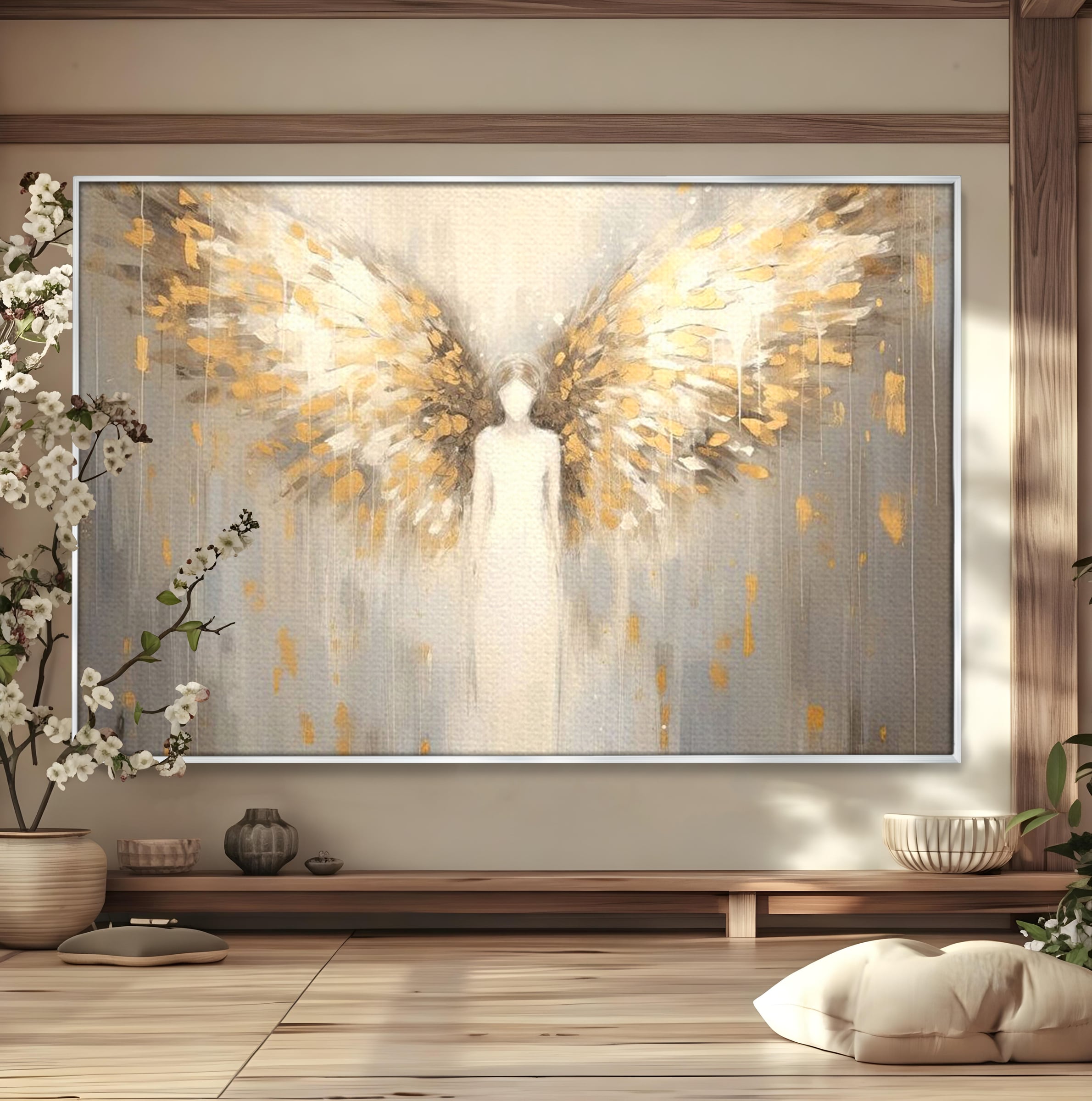 Tablou canvas cu tablou canvas cu inger si aripi aurite, in rama de aluminiu argintiu