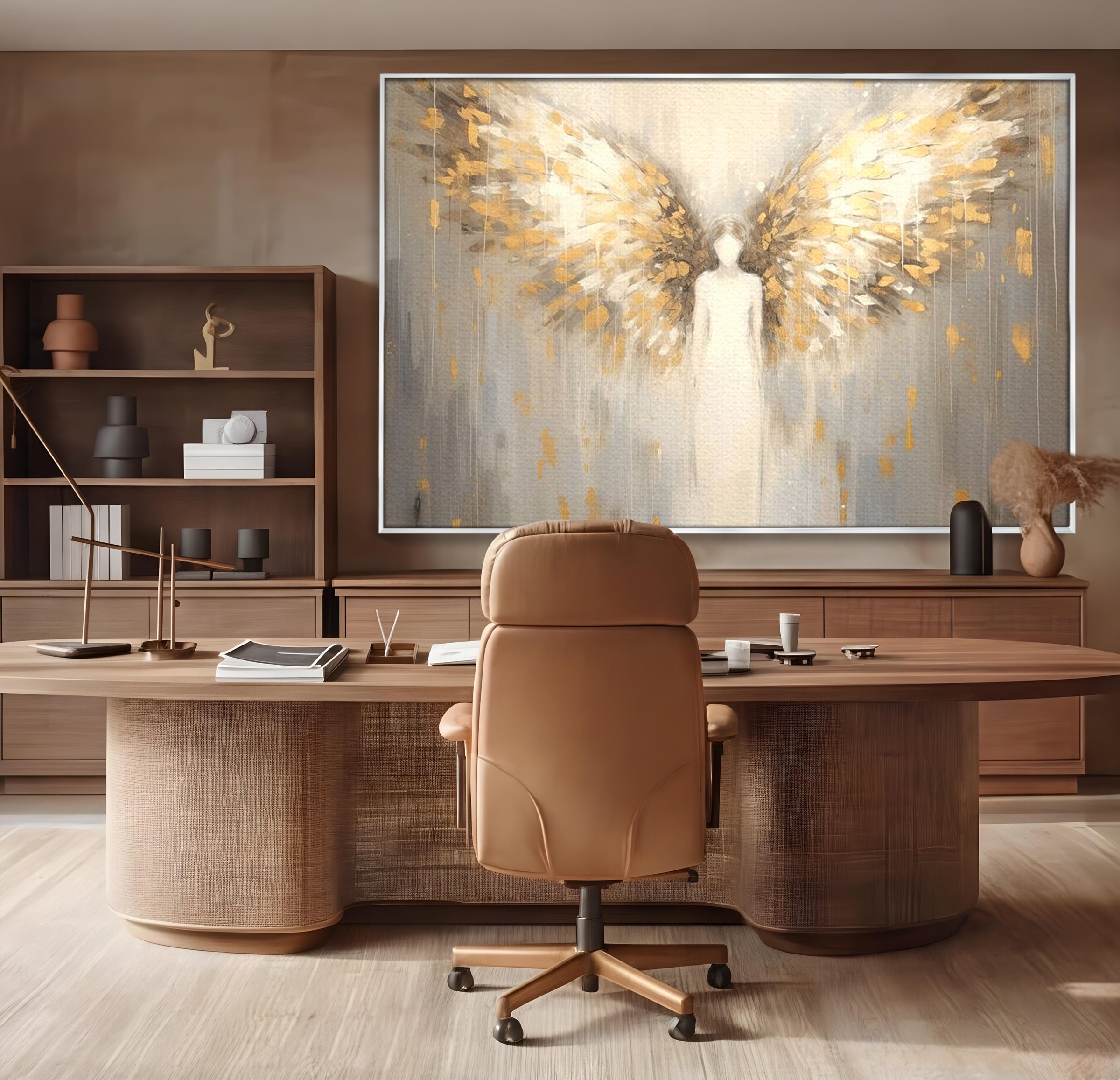 Tablou canvas cu tablou canvas cu inger si aripi aurite, in rama de aluminiu argintiu, pe perete intr-un birou