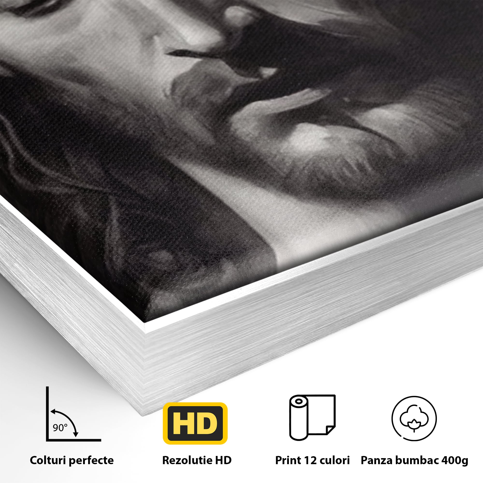 Detaliu al suprafetei: tablou canvas cu portretul lui iisus, in rama de aluminiu argintiu