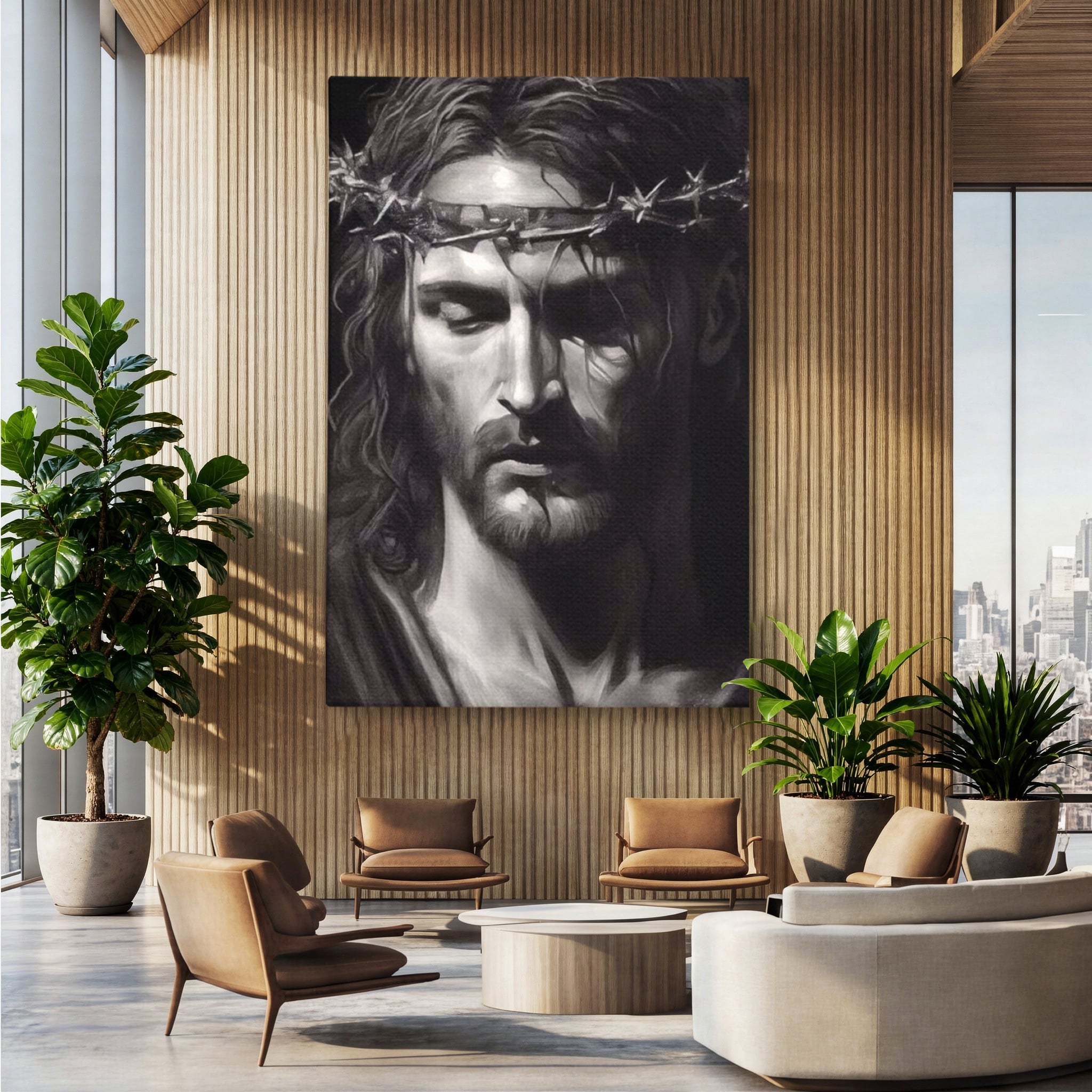 Tablou canvas cu tablou canvas cu portretul lui iisus, fara rama, pe sasiu de lemn, pe perete intr-un birou