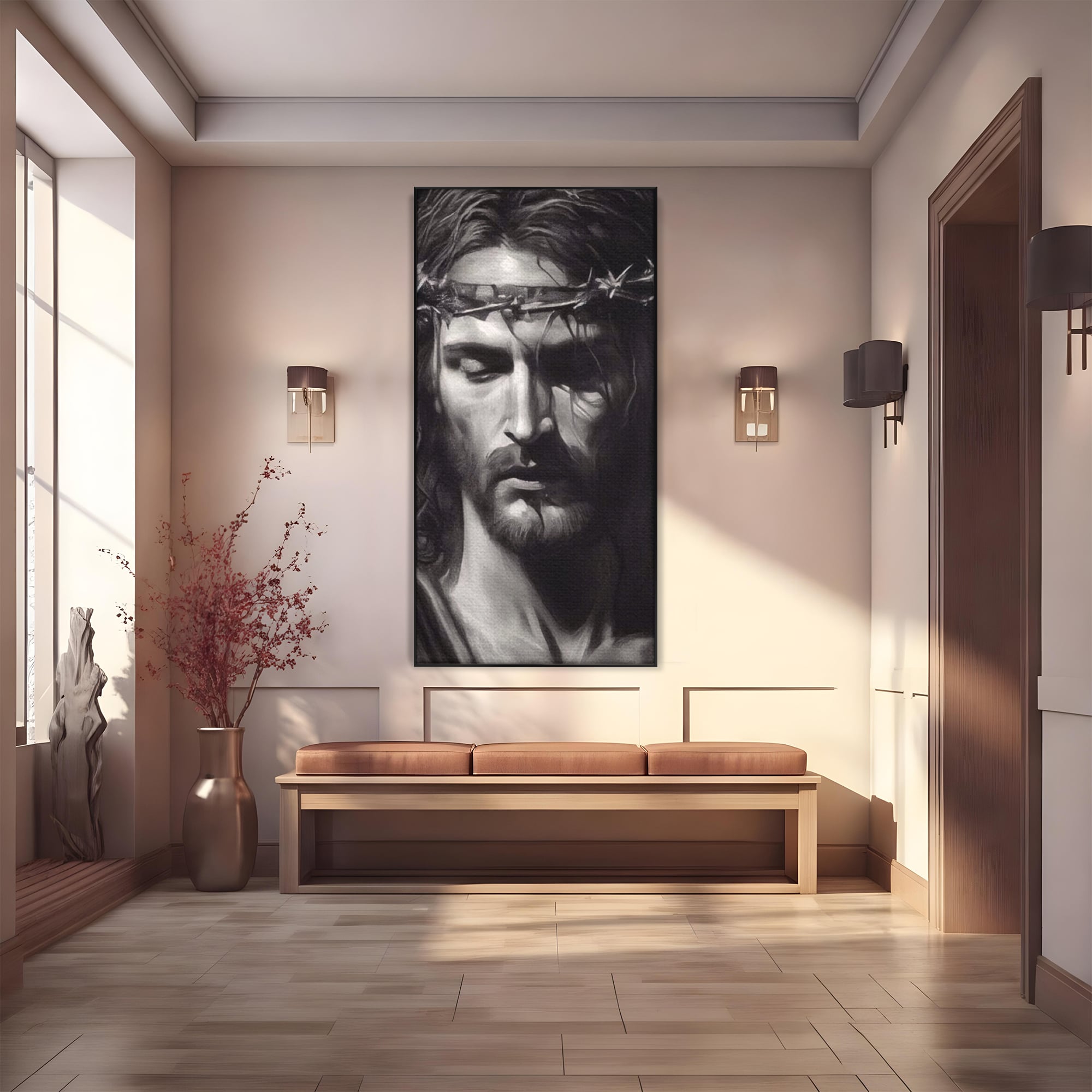 Tablou canvas cu tablou canvas cu portretul lui iisus, in rama de aluminiu negru