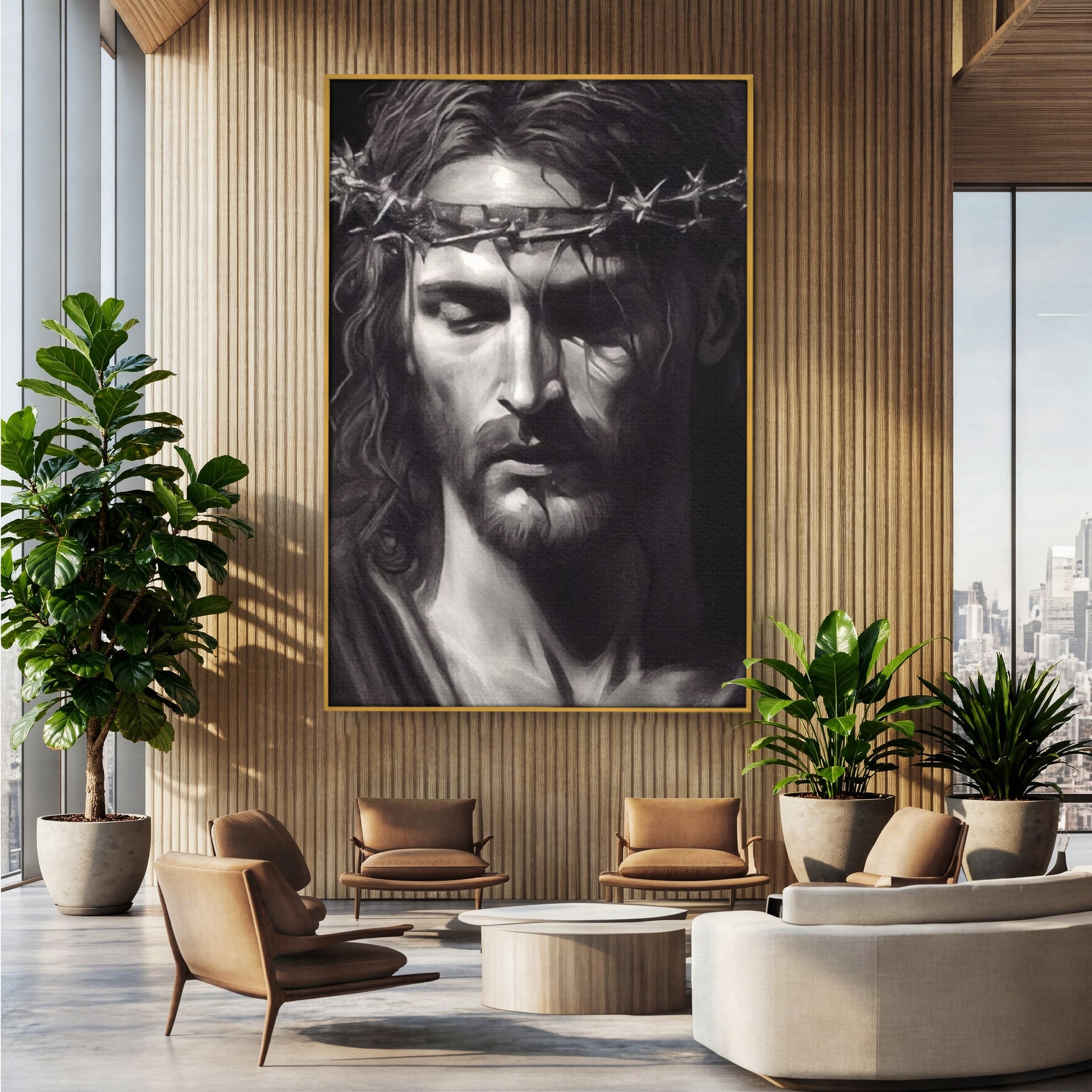 Tablou canvas cu tablou canvas cu portretul lui iisus, in rama de aluminiu auriu, pe perete intr-un birou