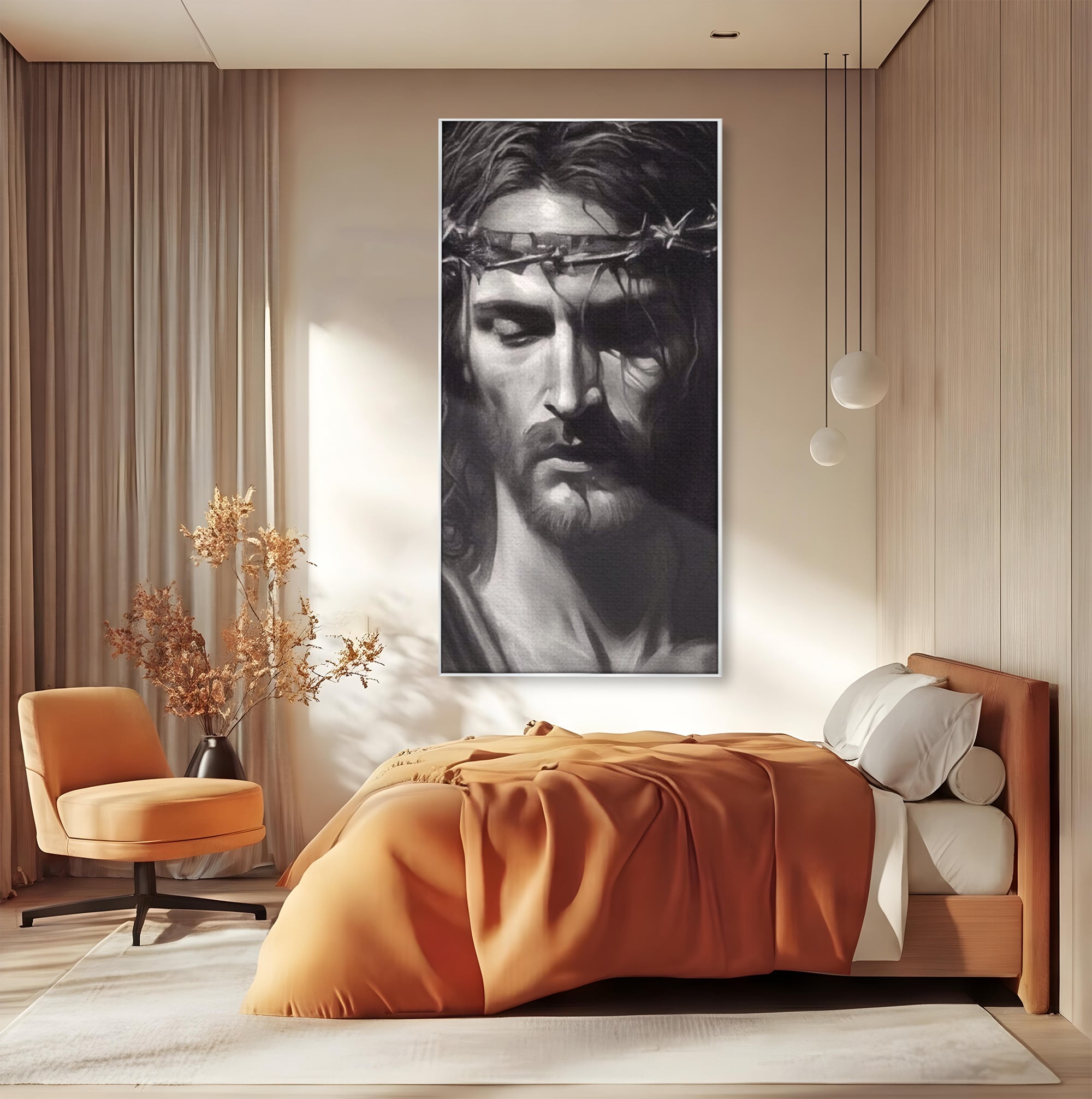 Tablou canvas cu tablou canvas cu portretul lui iisus, in rama de aluminiu argintiu, pe perete intr-un dormitor