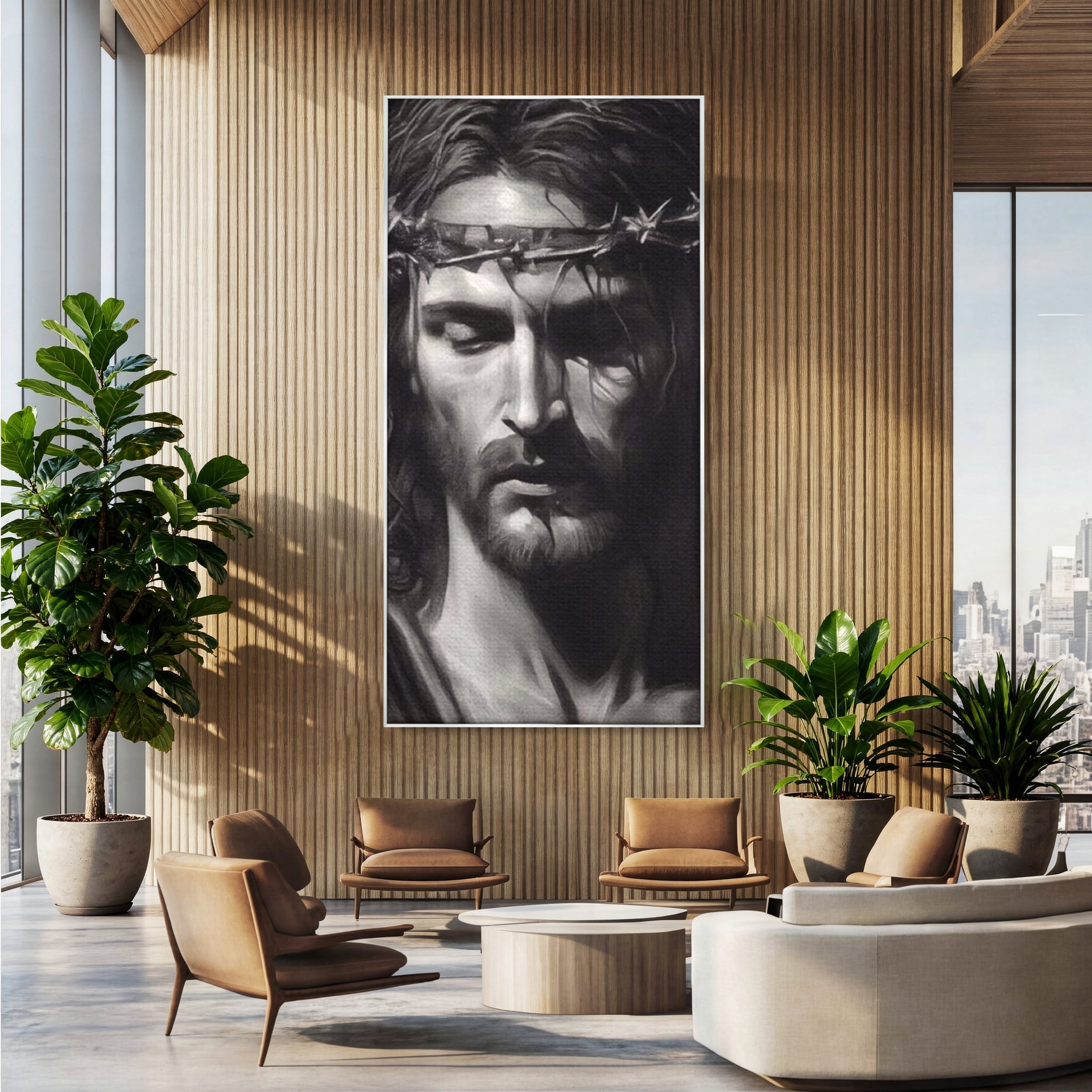 Tablou canvas cu tablou canvas cu portretul lui iisus, in rama de aluminiu argintiu, pe perete intr-un birou