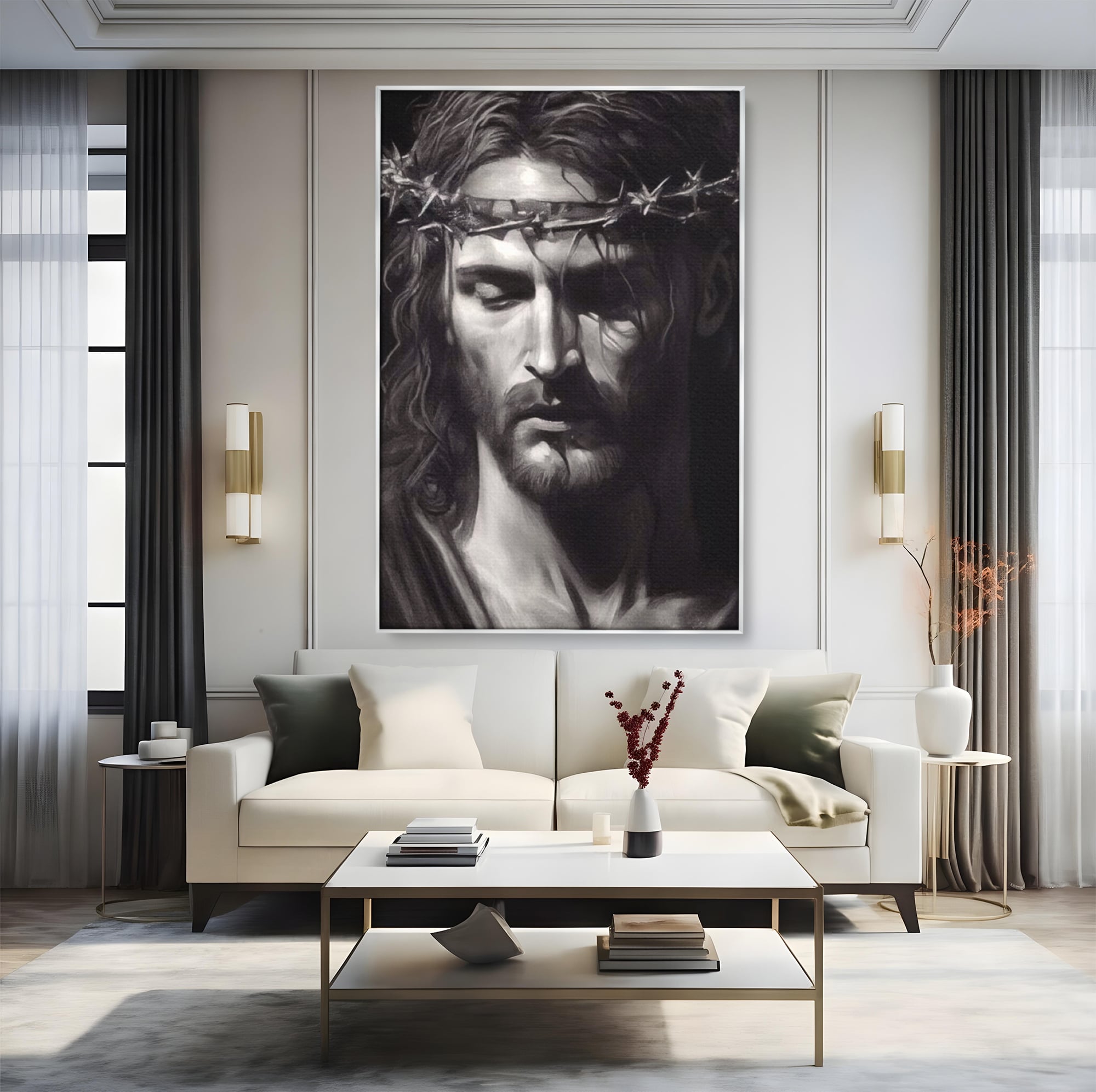 Tablou canvas cu tablou canvas cu portretul lui iisus, in rama de aluminiu argintiu, pe perete intr-un living