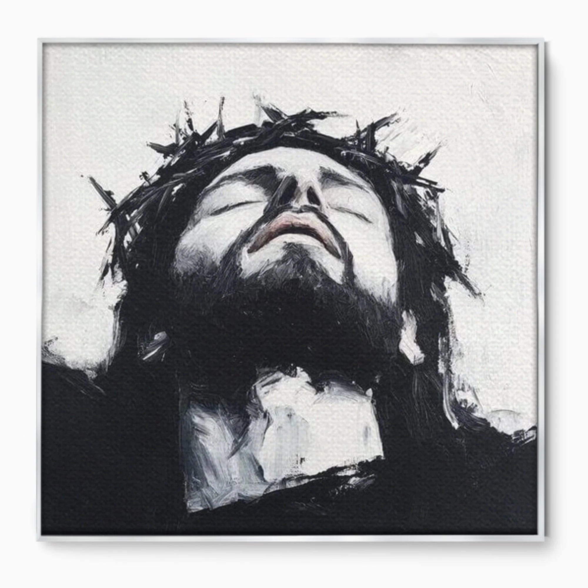 Tablou canvas cu tablou canvas cu pictura barbatului cu coroana de spini, in rama de aluminiu argintiu