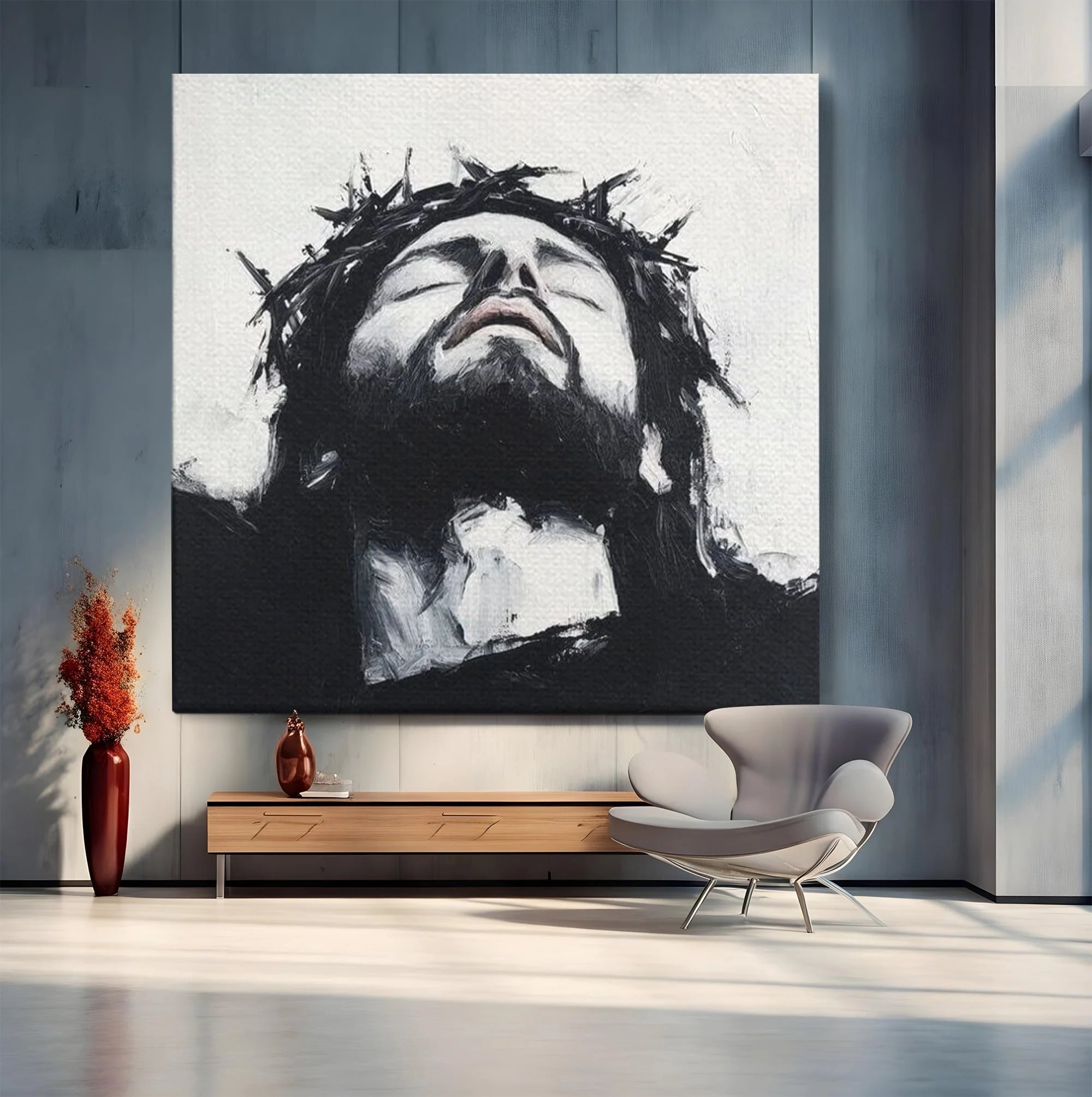 Tablou canvas cu tablou canvas cu pictura barbatului cu coroana de spini, fara rama, pe sasiu de lemn