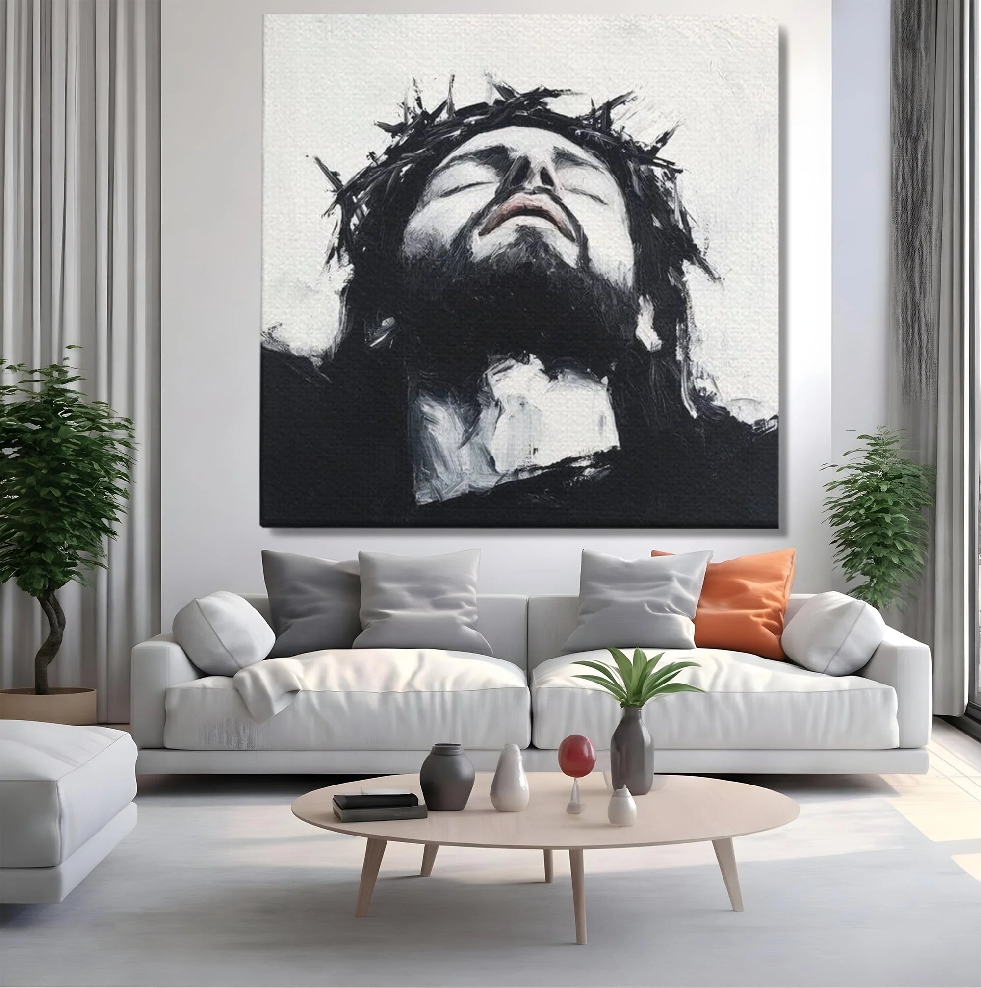 Tablou canvas cu tablou canvas cu pictura barbatului cu coroana de spini, fara rama, pe sasiu de lemn, pe perete intr-un living