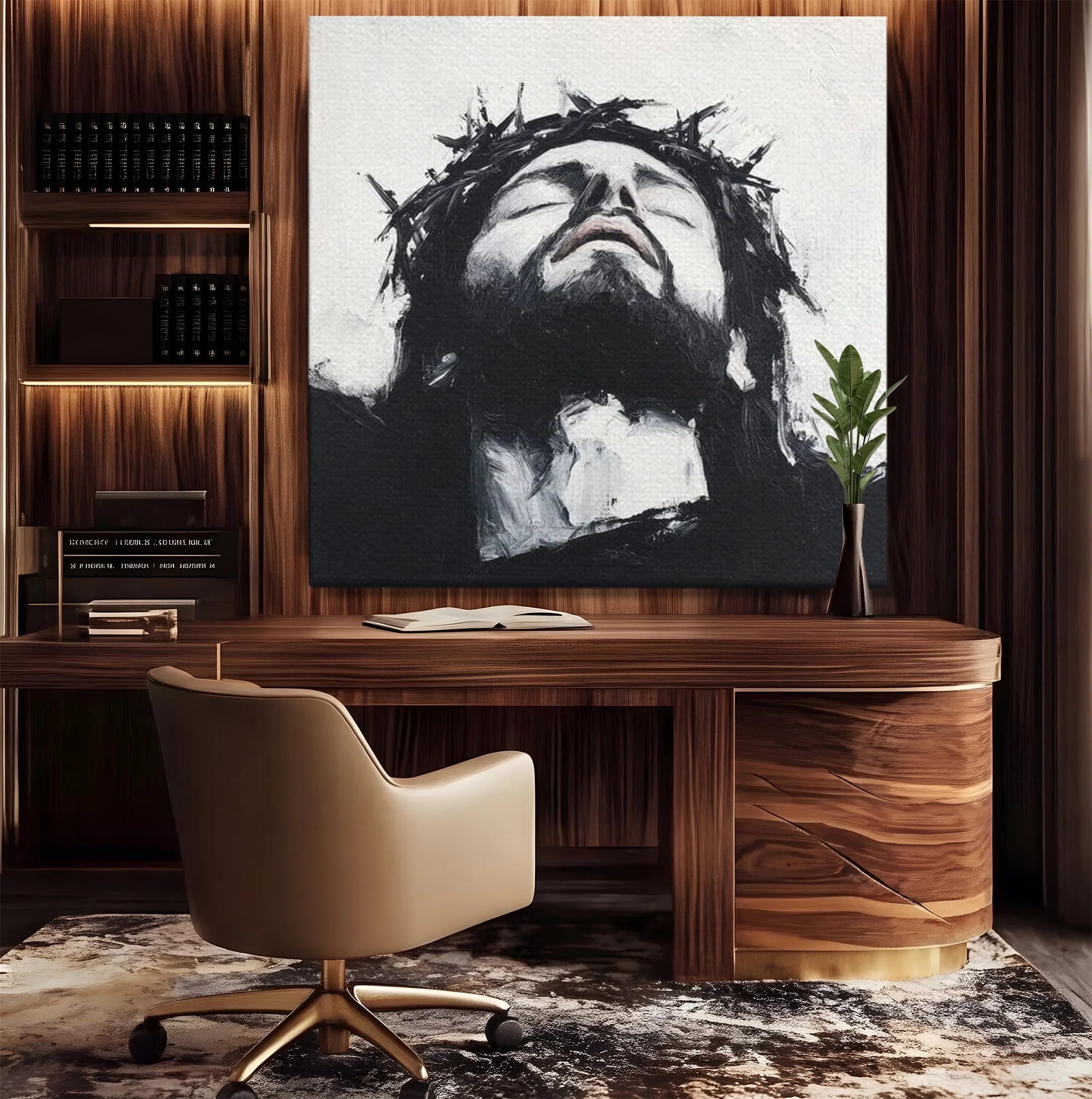 Tablou canvas cu tablou canvas cu pictura barbatului cu coroana de spini, fara rama, pe sasiu de lemn, pe perete intr-un birou
