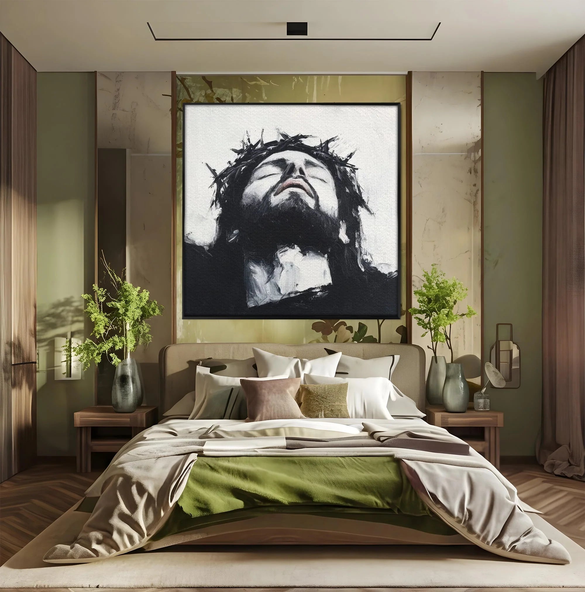 Tablou canvas cu tablou canvas cu pictura barbatului cu coroana de spini, in rama de aluminiu negru, pe perete intr-un dormitor