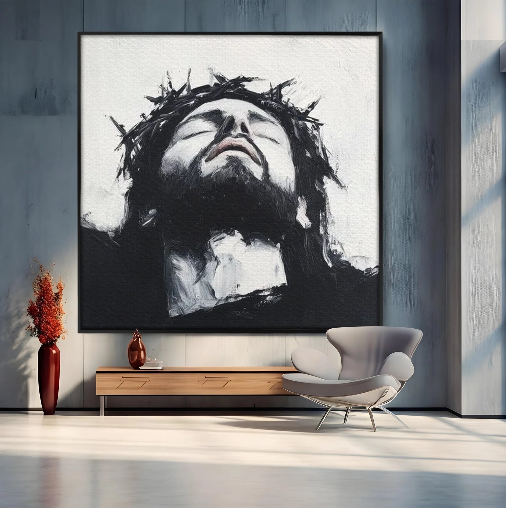 Tablou canvas cu tablou canvas cu pictura barbatului cu coroana de spini, in rama de aluminiu negru