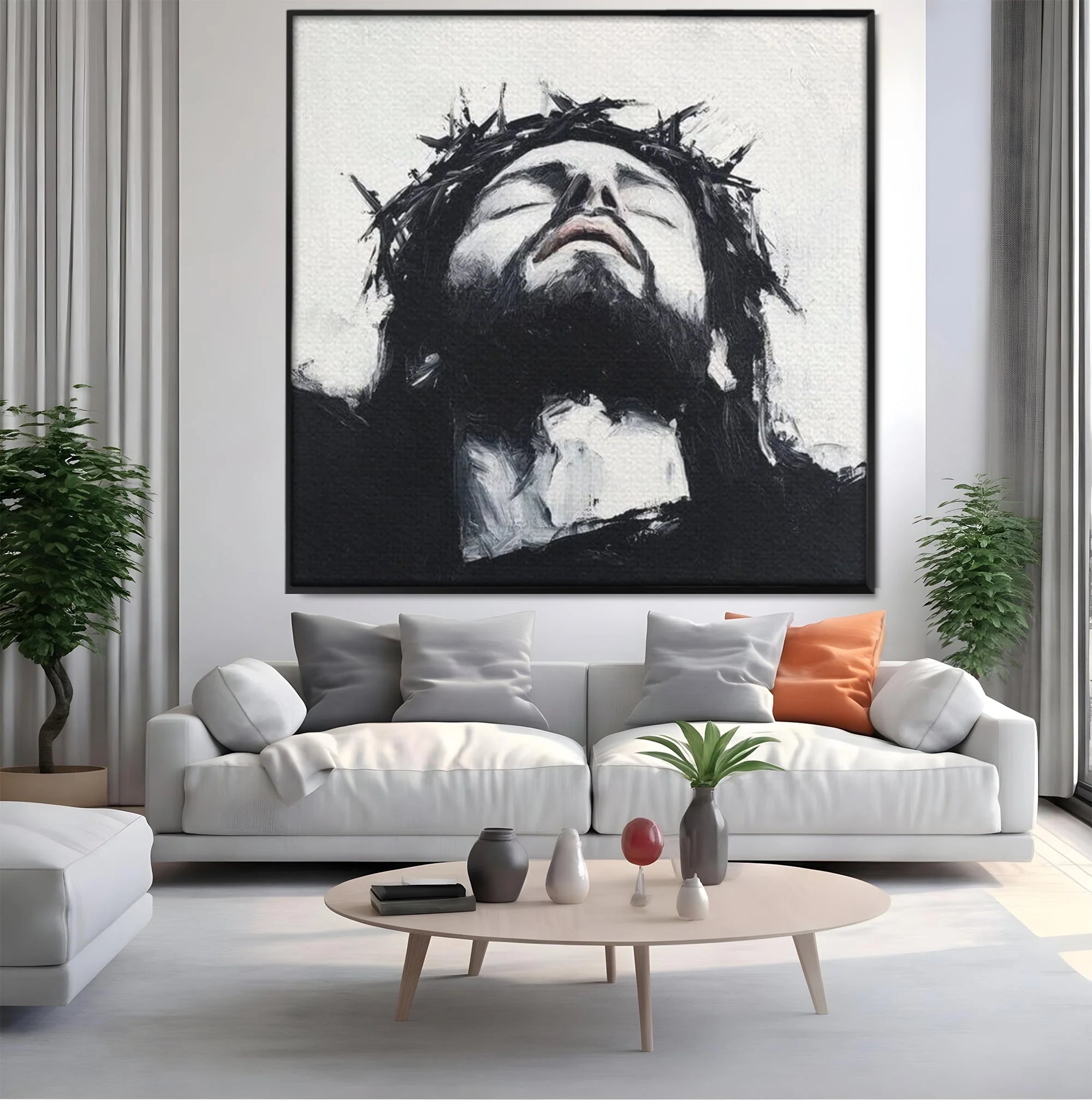 Tablou canvas cu tablou canvas cu pictura barbatului cu coroana de spini, in rama de aluminiu negru, pe perete intr-un living