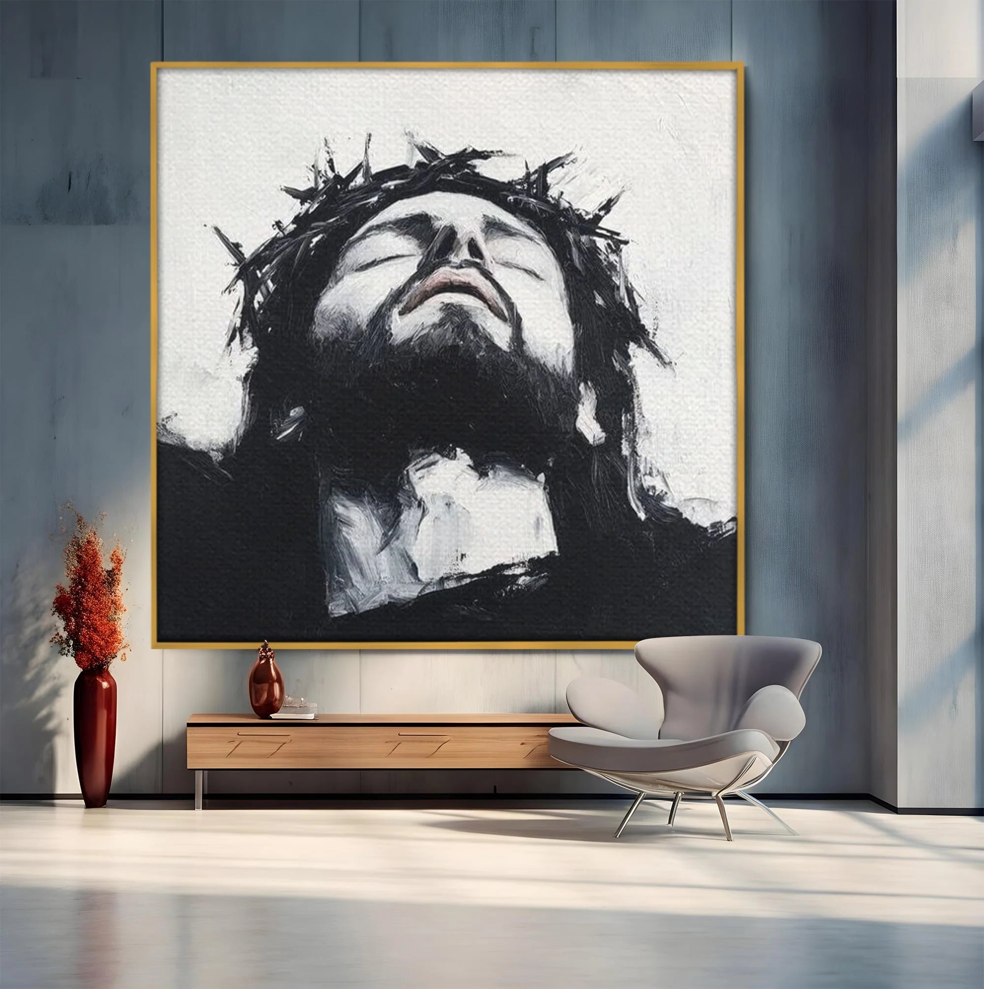 Tablou canvas cu tablou canvas cu pictura barbatului cu coroana de spini, in rama de aluminiu auriu