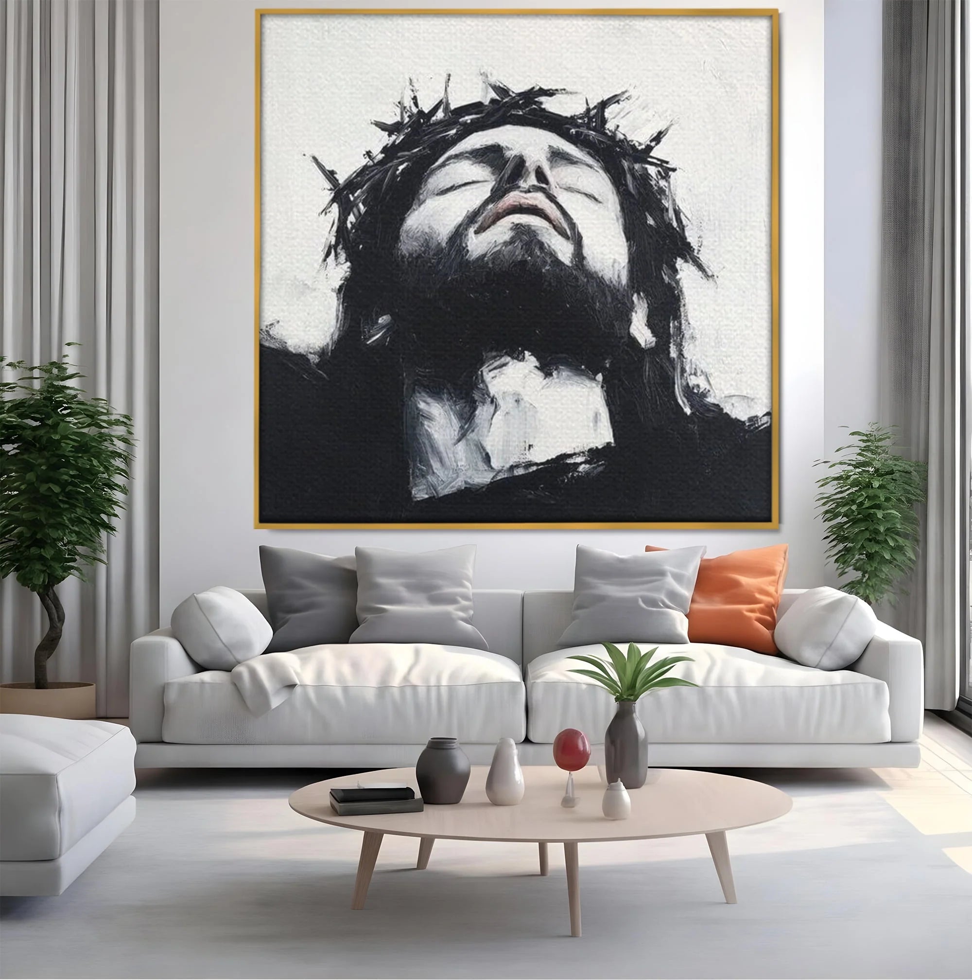 Tablou canvas cu tablou canvas cu pictura barbatului cu coroana de spini, in rama de aluminiu auriu, pe perete intr-un living