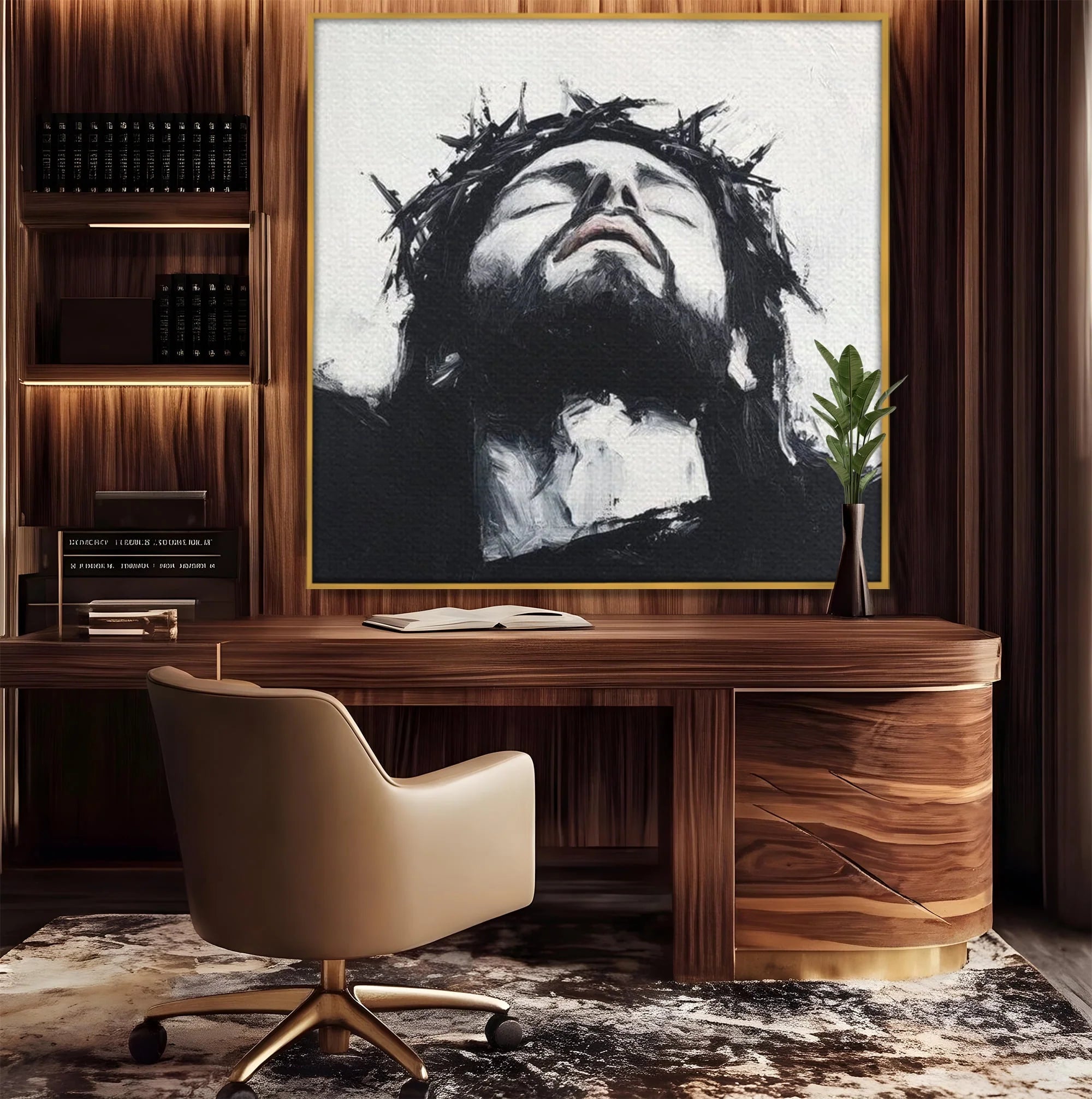 Tablou canvas cu tablou canvas cu pictura barbatului cu coroana de spini, in rama de aluminiu auriu, pe perete intr-un birou
