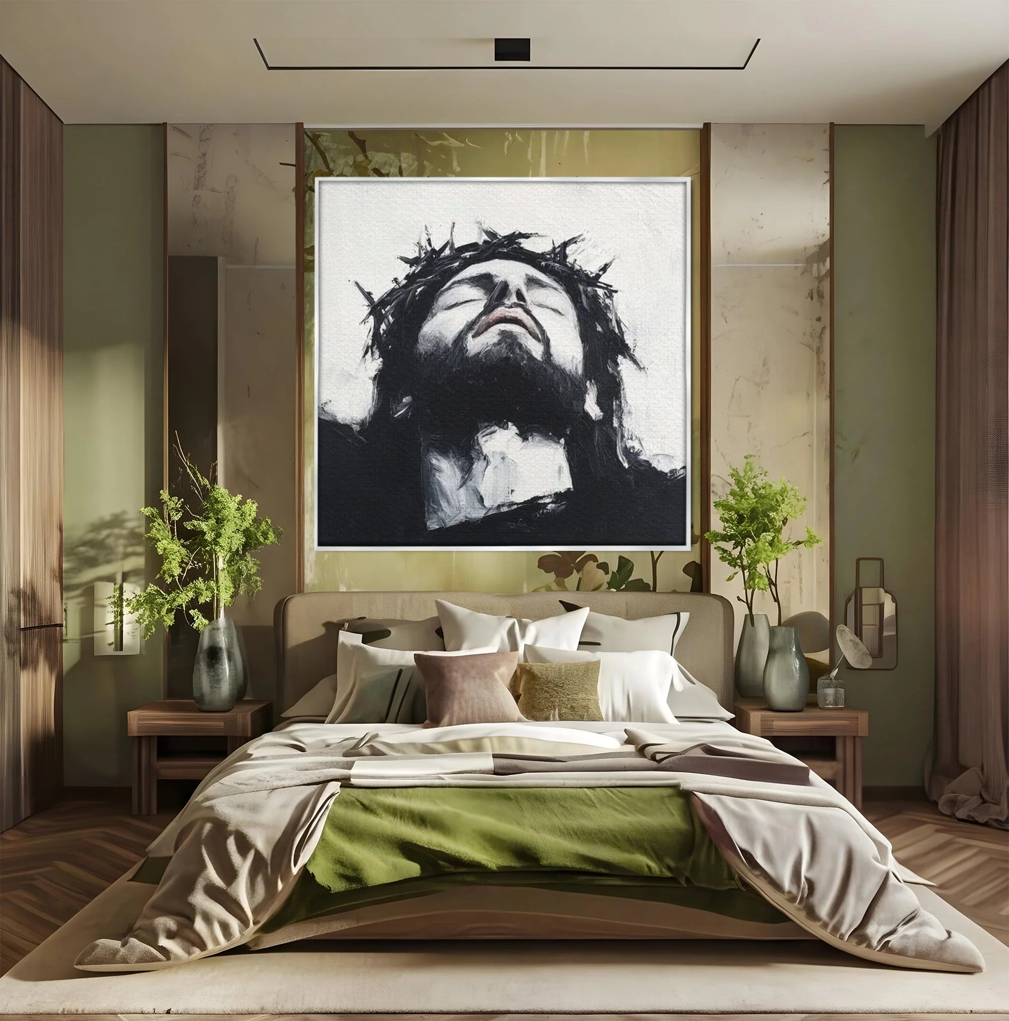 Tablou canvas cu tablou canvas cu pictura barbatului cu coroana de spini, in rama de aluminiu argintiu, pe perete intr-un dormitor