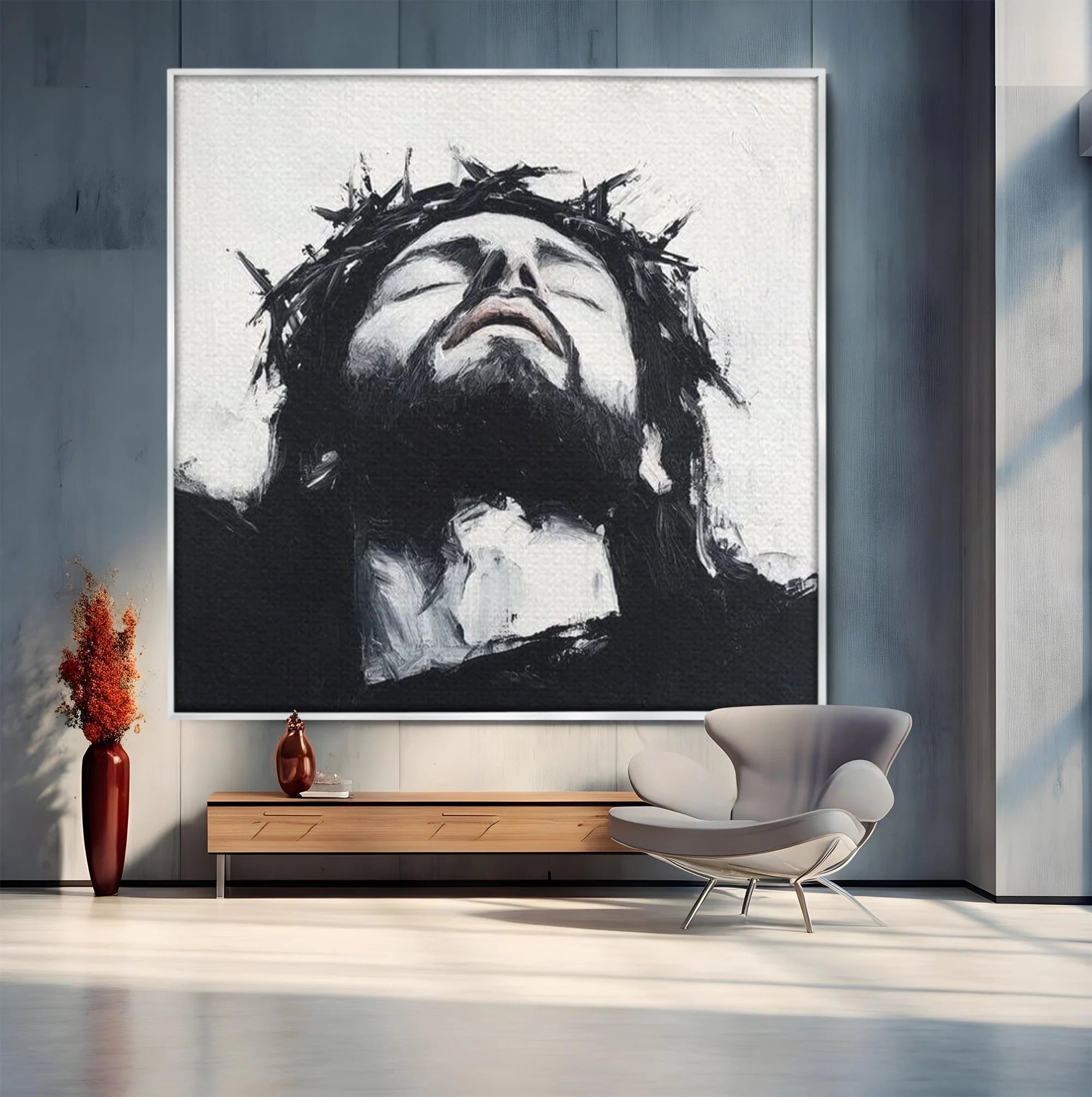 Tablou canvas cu tablou canvas cu pictura barbatului cu coroana de spini, in rama de aluminiu argintiu