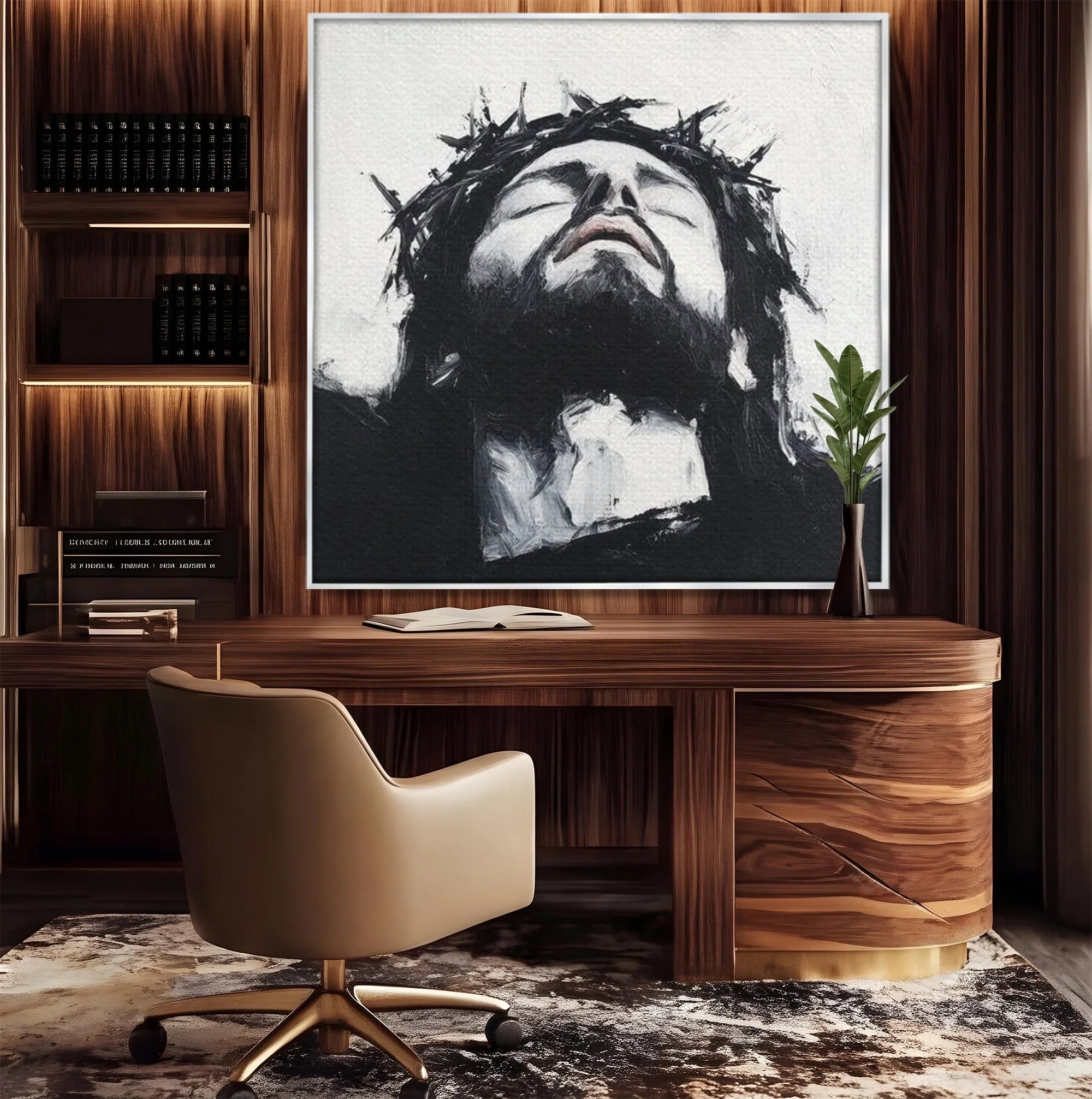Tablou canvas cu tablou canvas cu pictura barbatului cu coroana de spini, in rama de aluminiu argintiu, pe perete intr-un birou