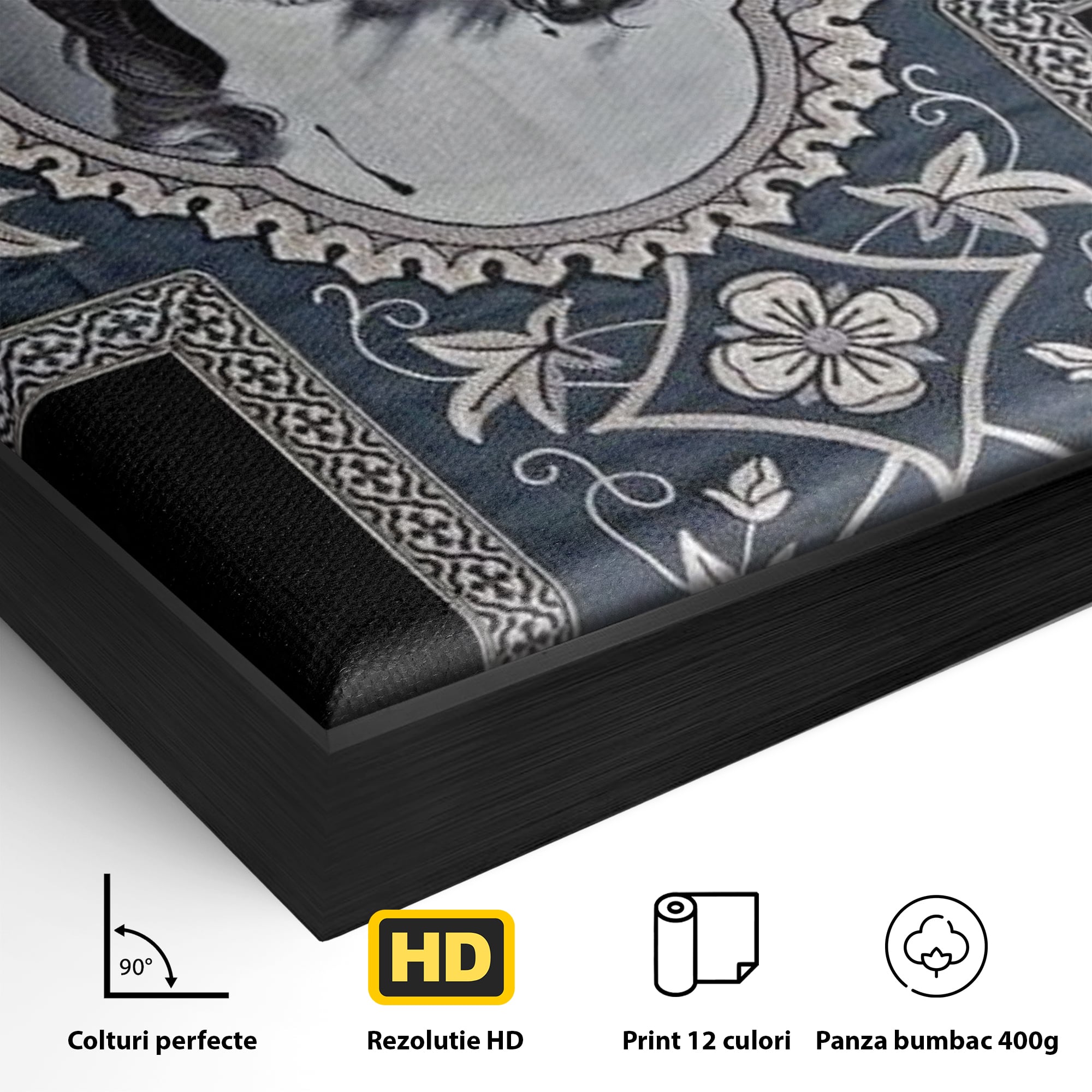 Detaliu al suprafetei: tablou canvas cu chipul mantuitorului pe cruce, in rama de aluminiu negru