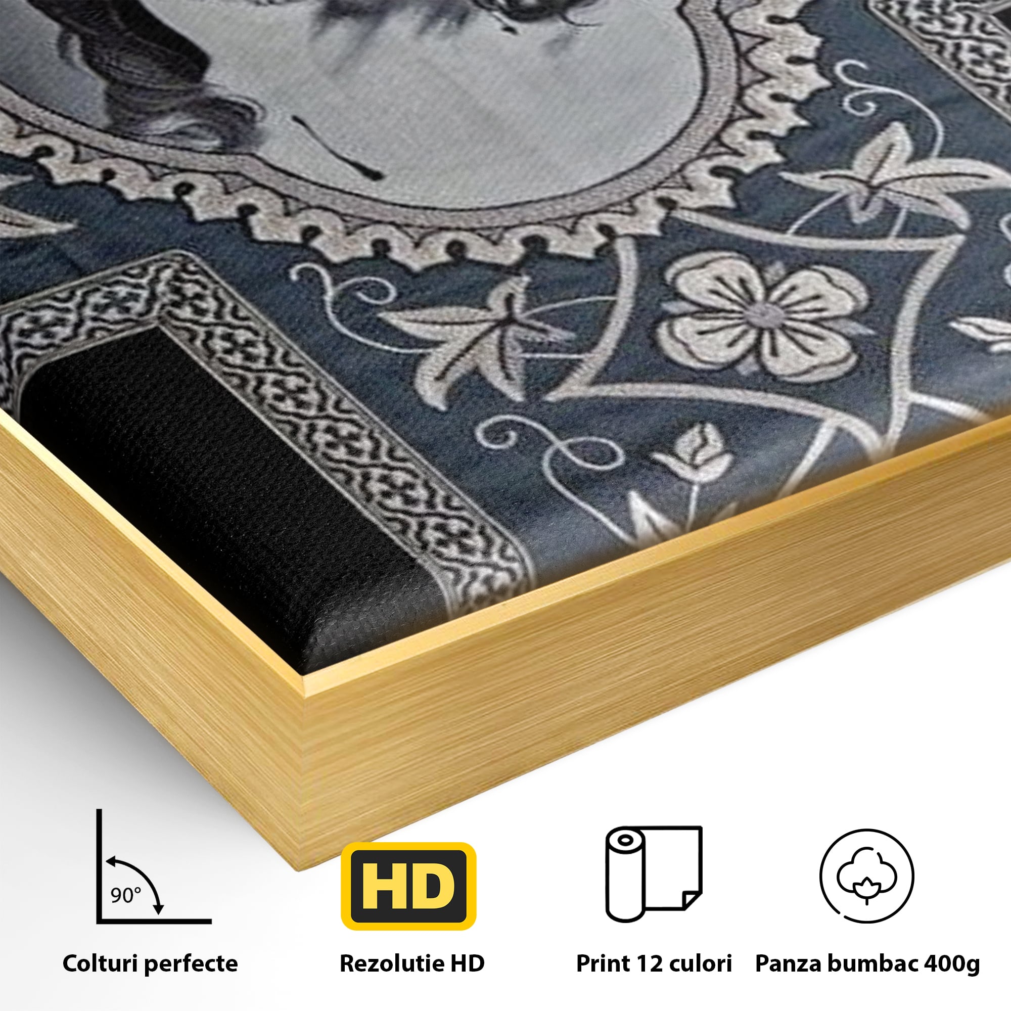 Detaliu al suprafetei: tablou canvas cu chipul mantuitorului pe cruce, in rama de aluminiu auriu