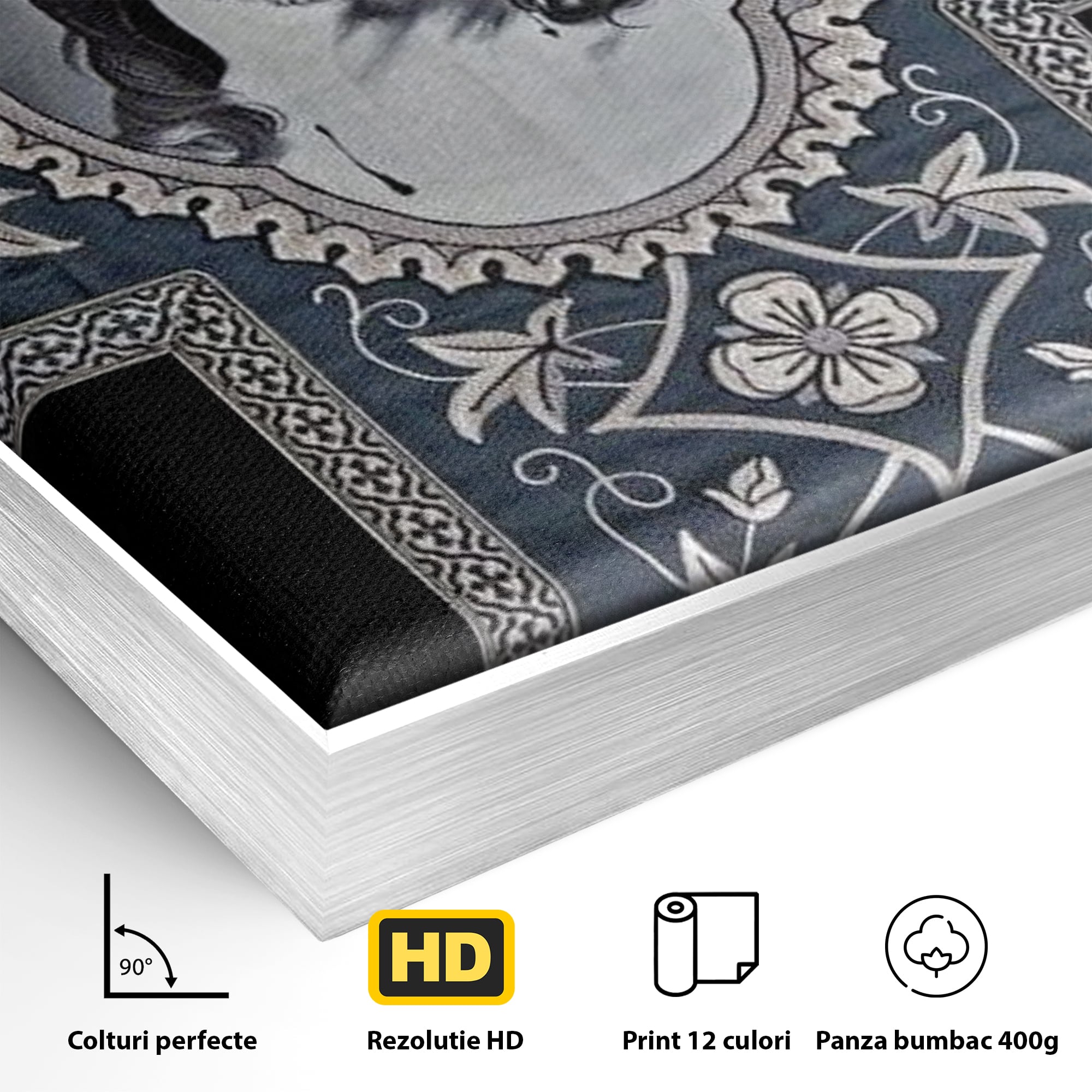 Detaliu al suprafetei: tablou canvas cu chipul mantuitorului pe cruce, in rama de aluminiu argintiu