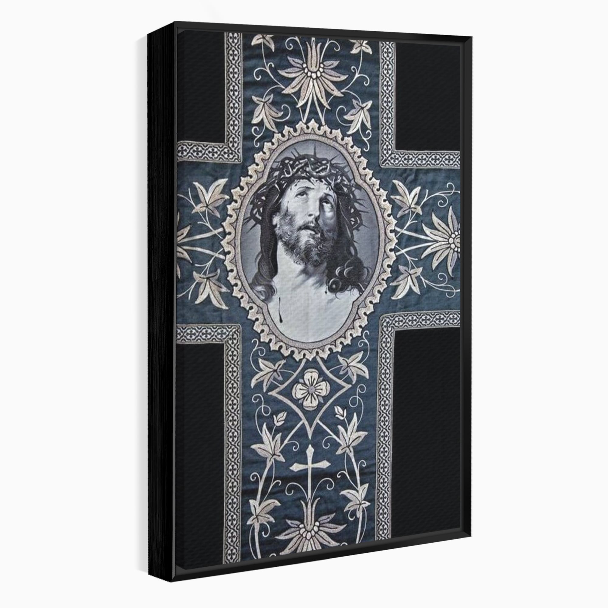 Tablou canvas cu tablou canvas cu chipul mantuitorului pe cruce, in rama de aluminiu negru