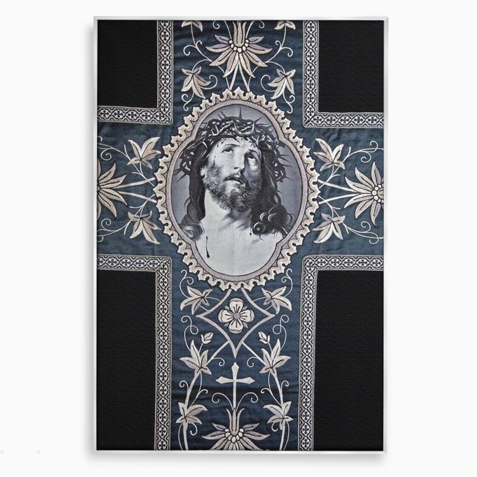 Tablou canvas cu tablou canvas cu chipul mantuitorului pe cruce, in rama de aluminiu argintiu