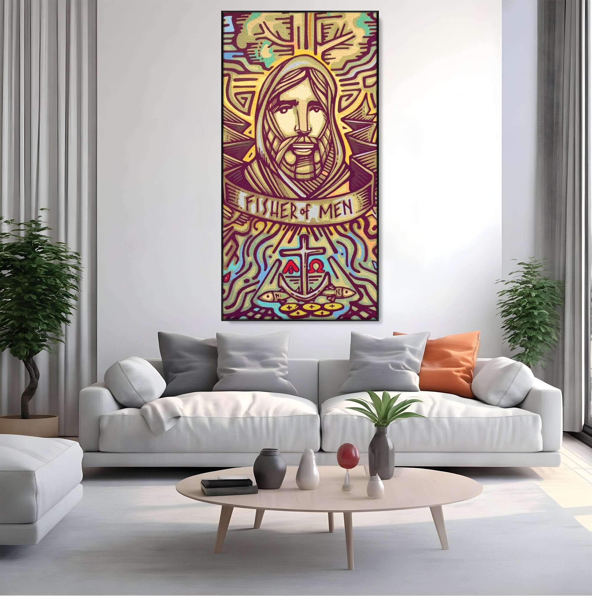 Tablou canvas cu tablou canvas cu portretul lui iisus, in rama de aluminiu negru, pe perete intr-un living